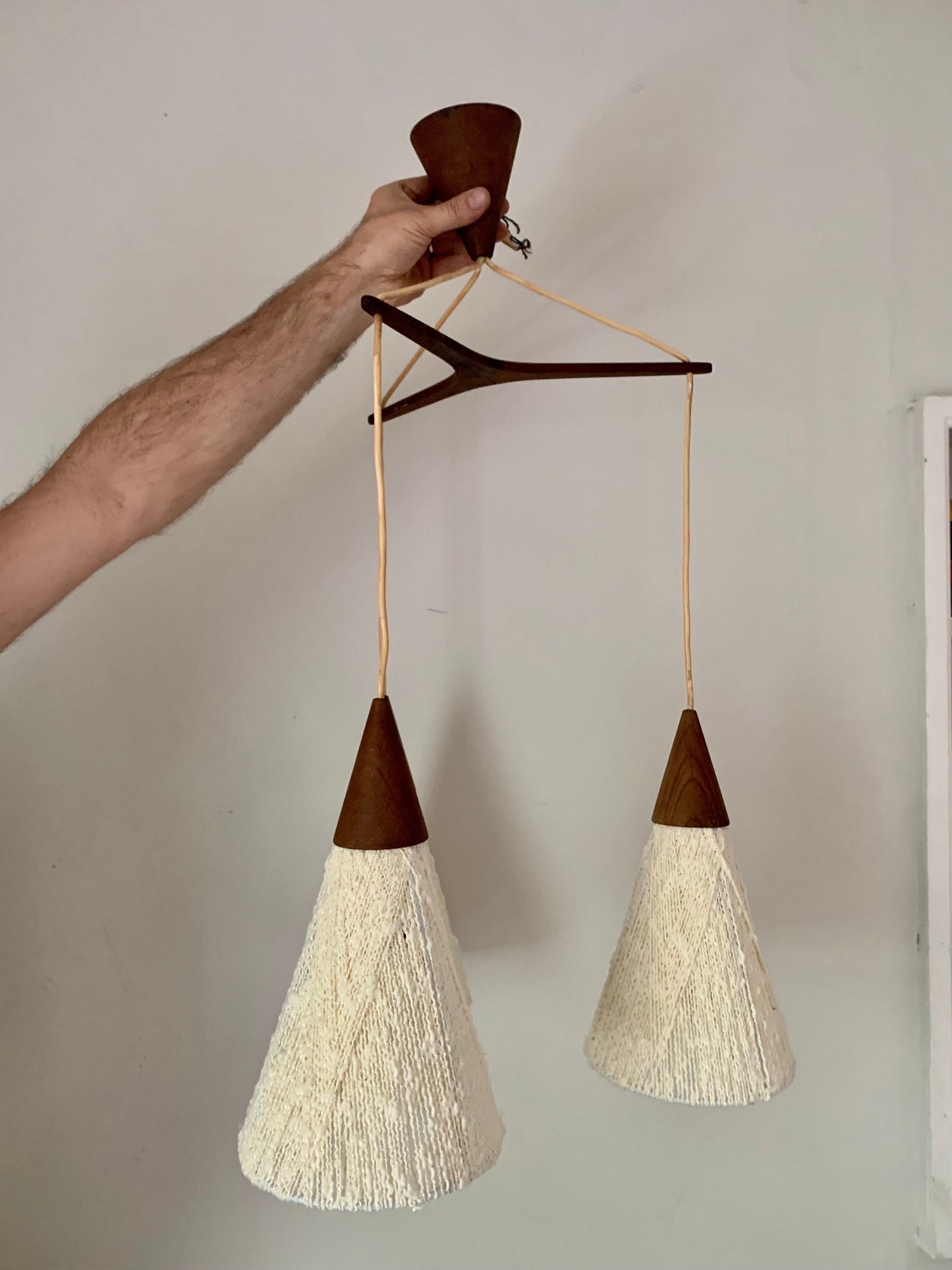 MCM Teak Wood and Woven Shade 3 Pendant Ceiling LIght