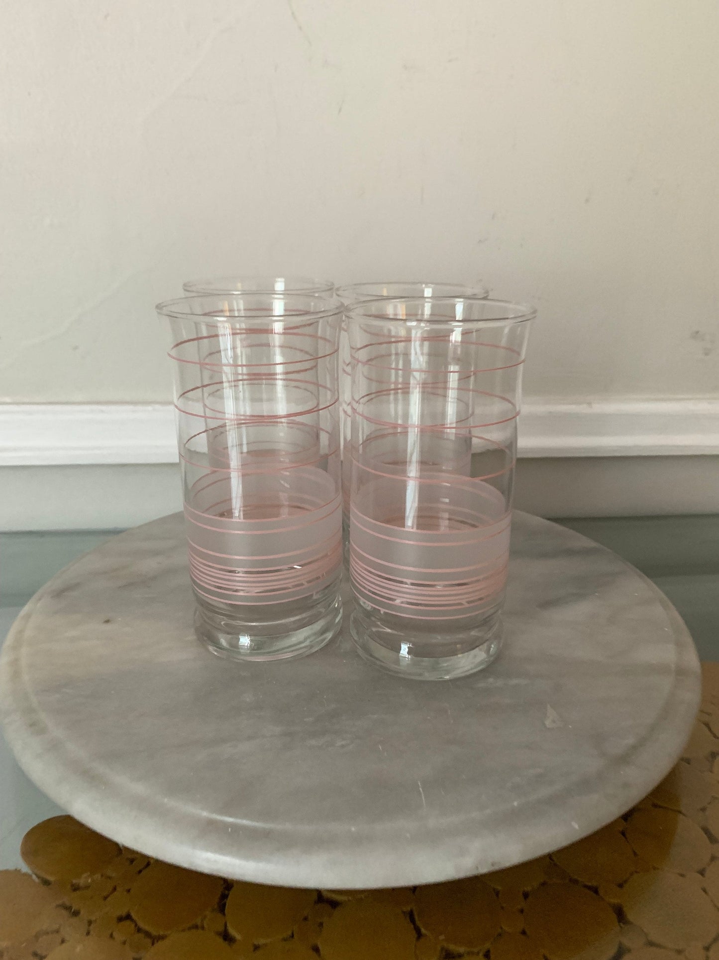 Vintage Set of 4 Medium Pink Stripe and Frosted Tumblers