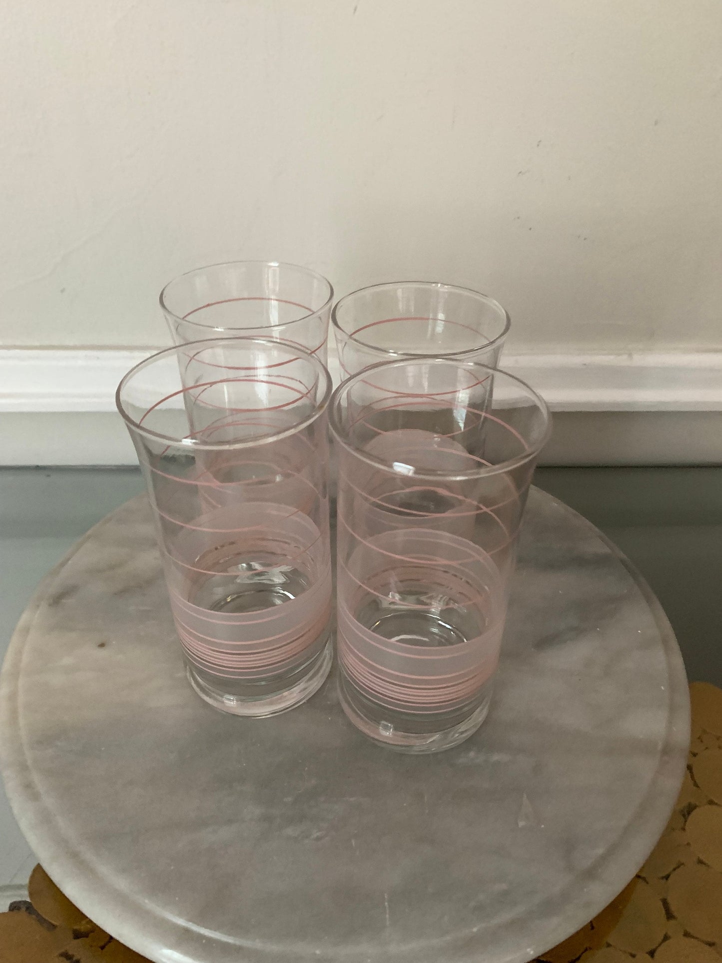 Vintage Set of 4 Medium Pink Stripe and Frosted Tumblers