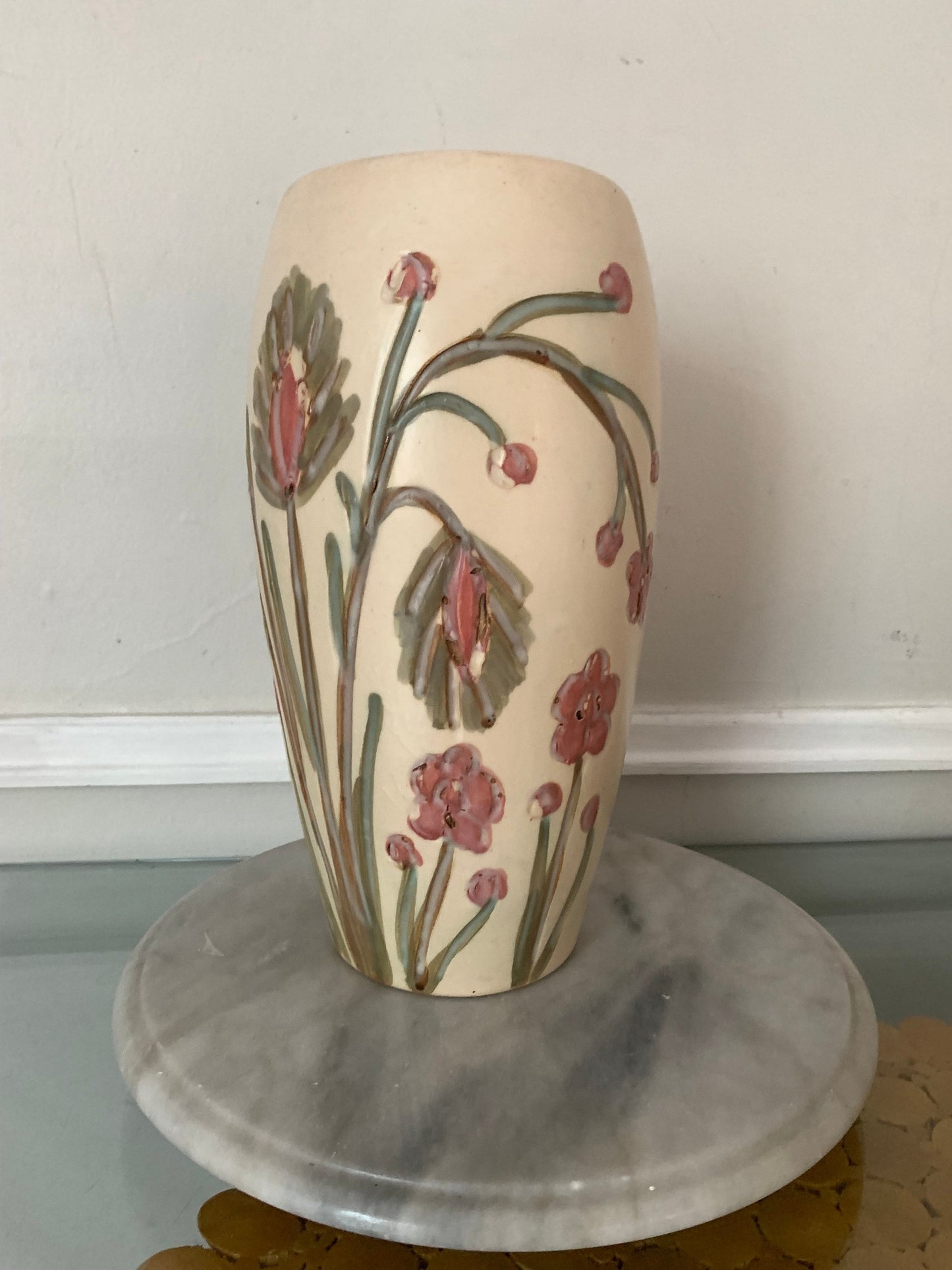 Retro Tall Cream Pottery Vase with Etched Pink Flowers