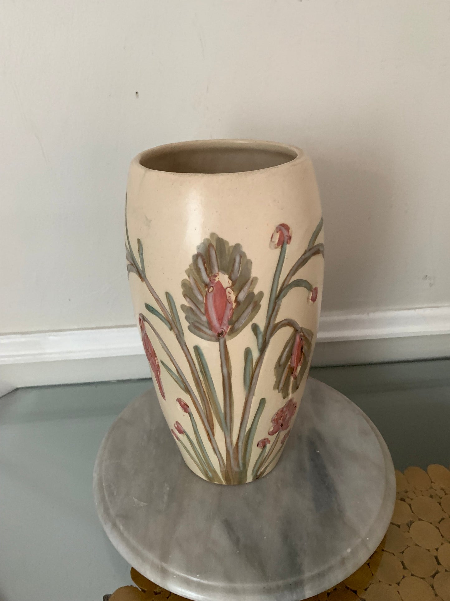 Retro Tall Cream Pottery Vase with Etched Pink Flowers