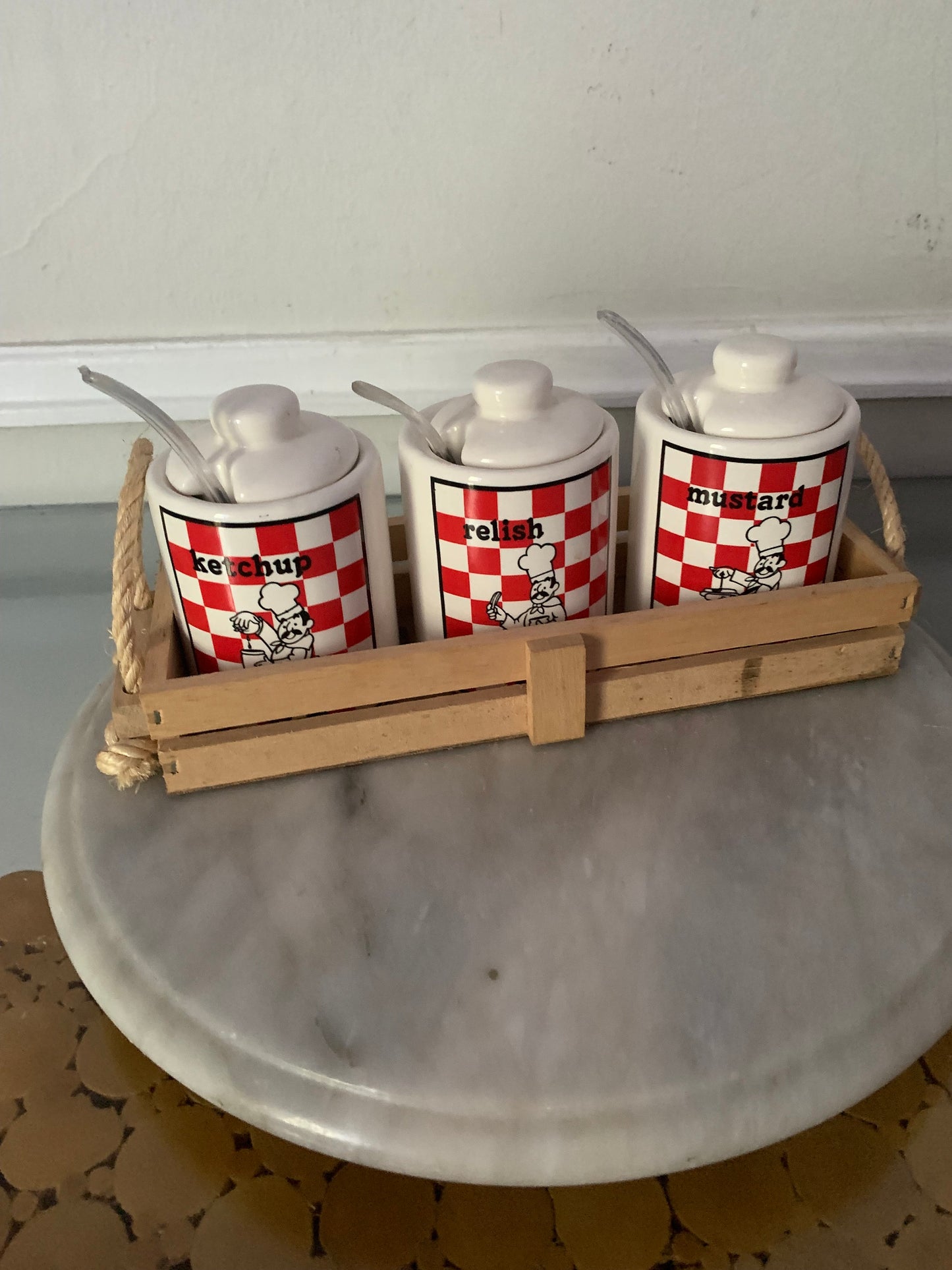 Set of 3 Vintage Red & White Checkered Ceramic Condiment Containers with Spoons and Wood Caddy Made in Taiwan