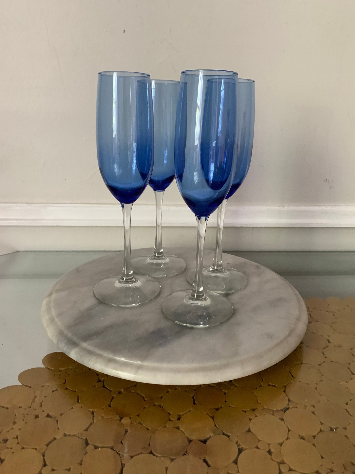 Vintage Set of 4 Cobalt Blue Bowl and Clear Stem Champagne Glasses