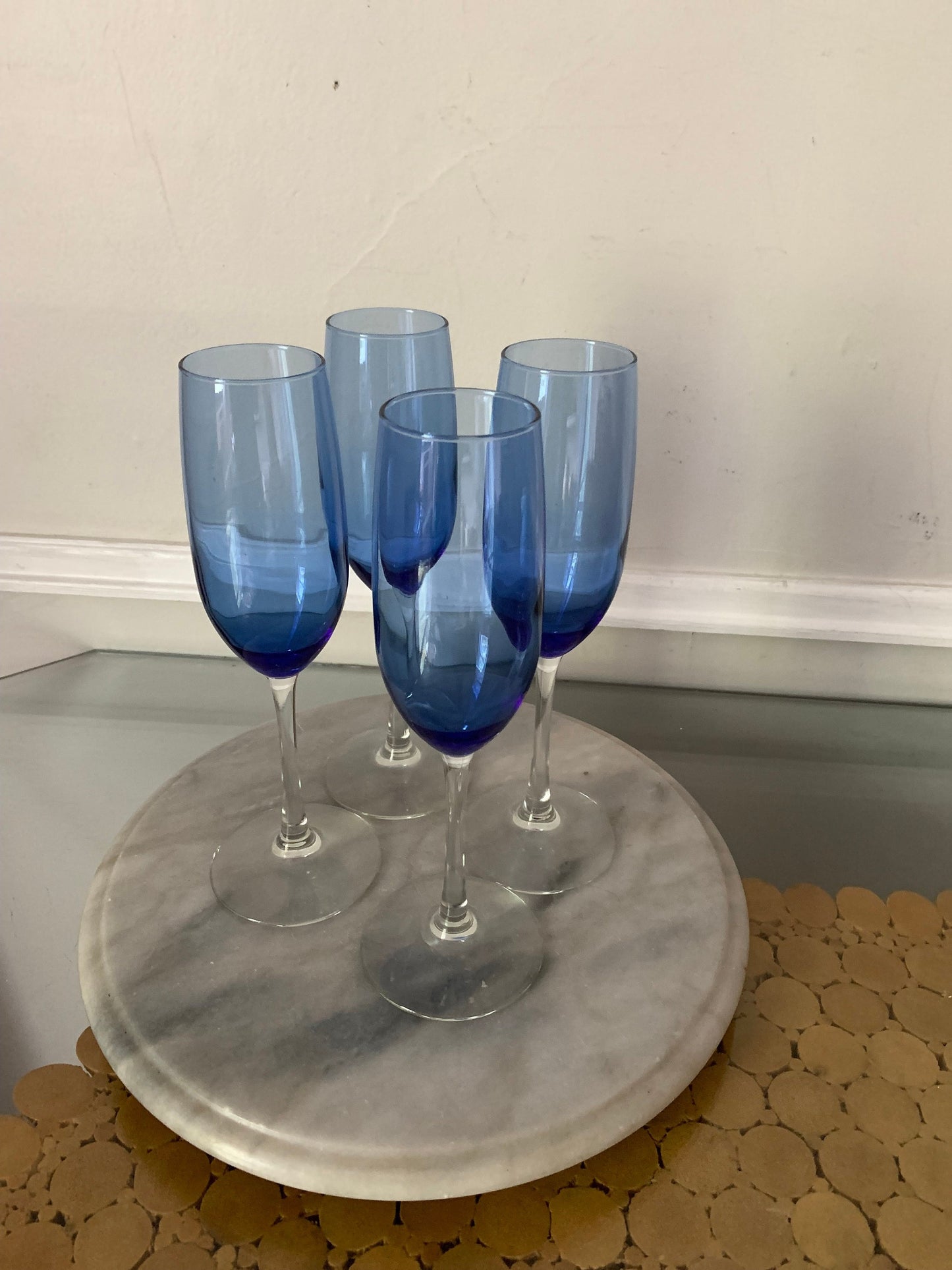 Vintage Set of 4 Cobalt Blue Bowl and Clear Stem Champagne Glasses