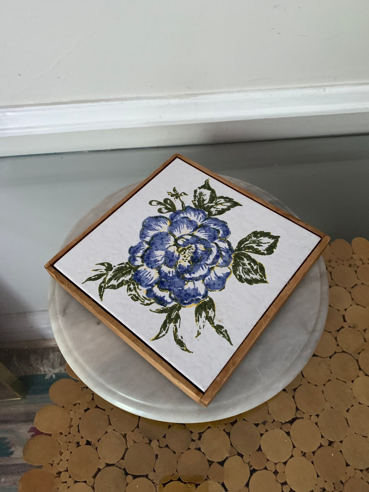 Vintage White Tile Trivet with Blue Flower with Wood Frame Made in Canada