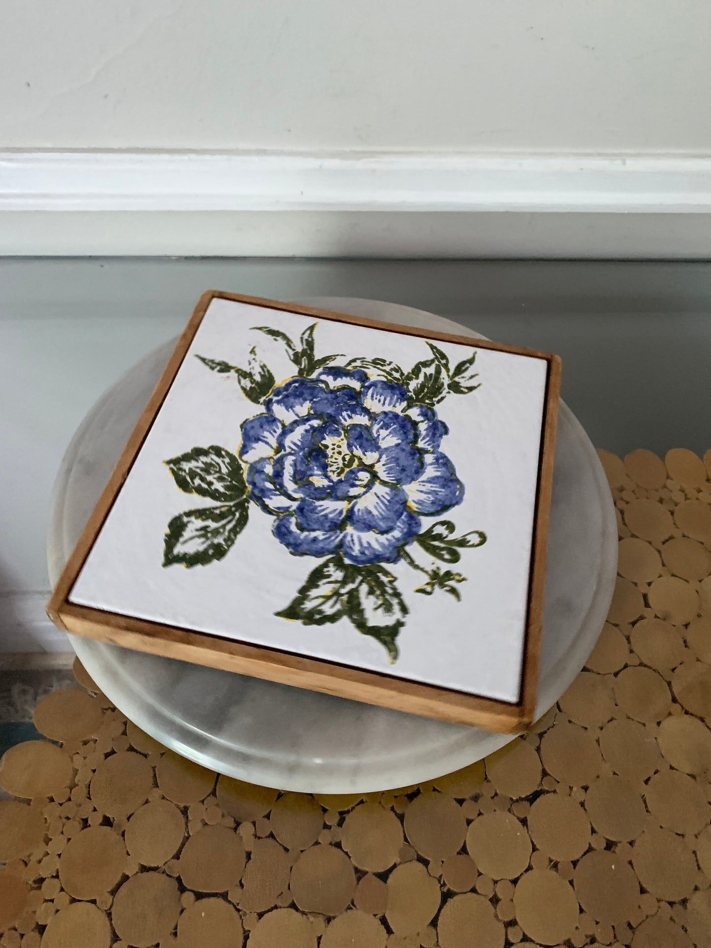 Vintage White Tile Trivet with Blue Flower with Wood Frame Made in Canada