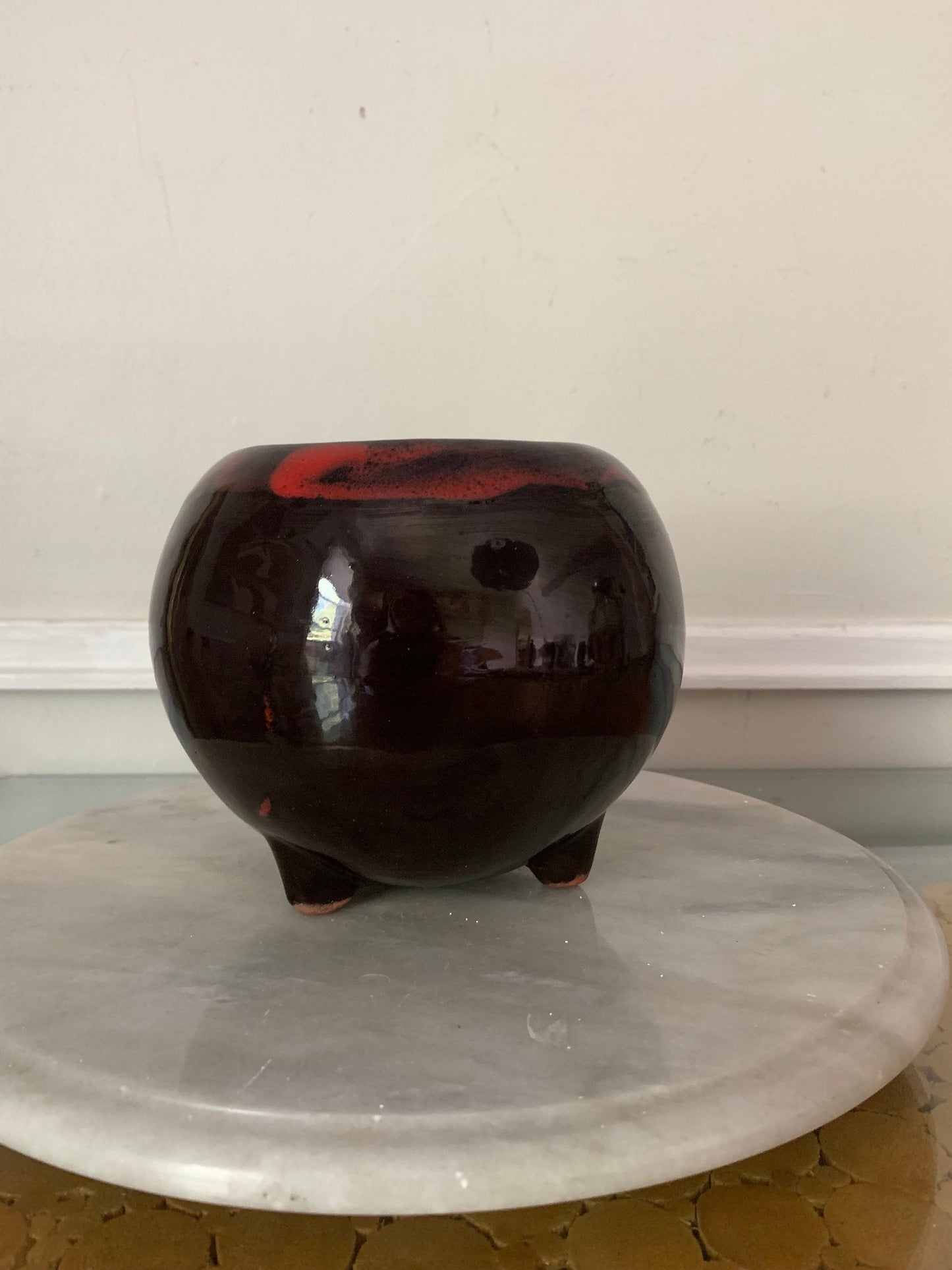 Vintage MCM Round Red Drip Glaze Pottery Planter