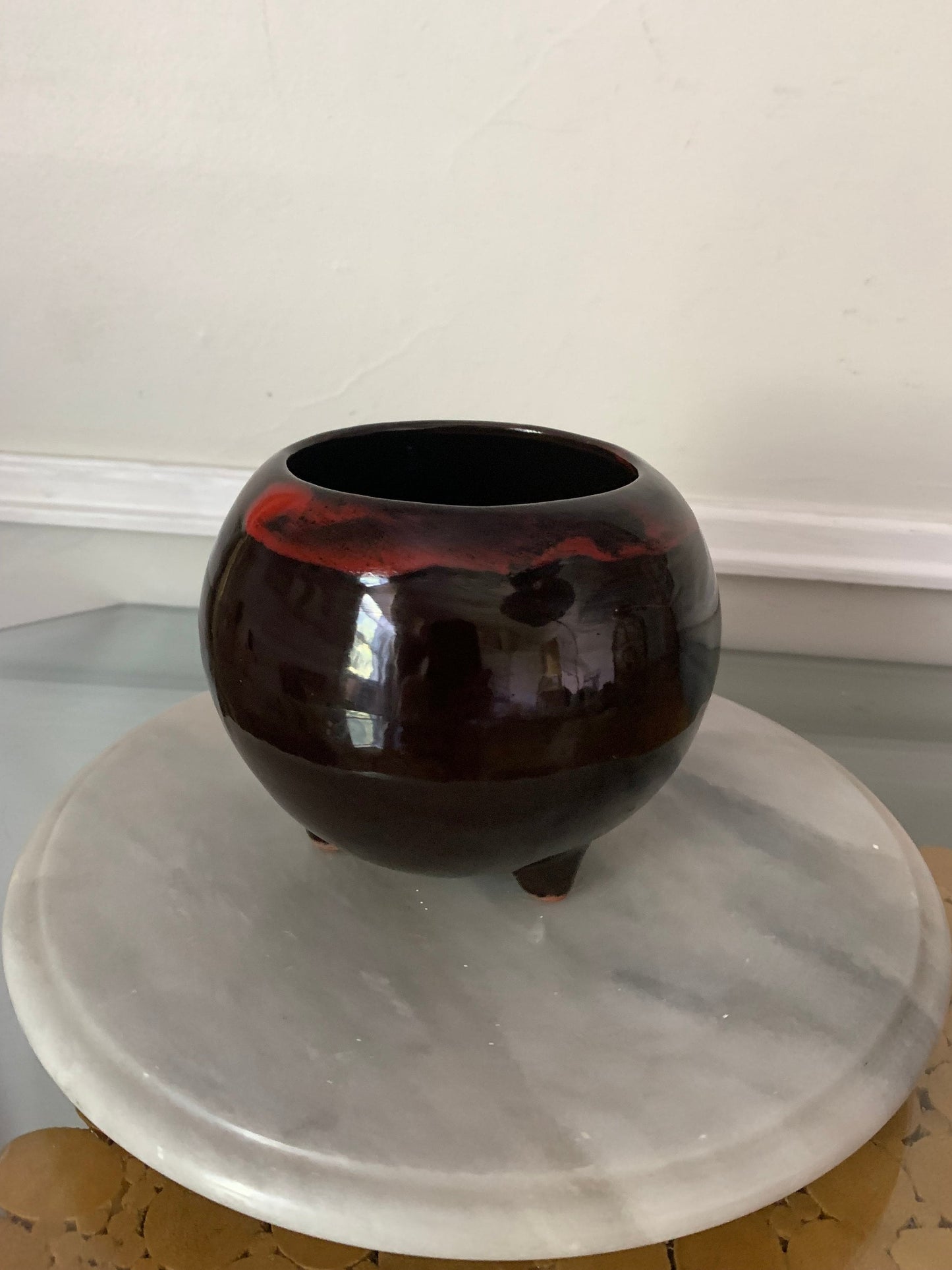 Vintage MCM Round Red Drip Glaze Pottery Planter