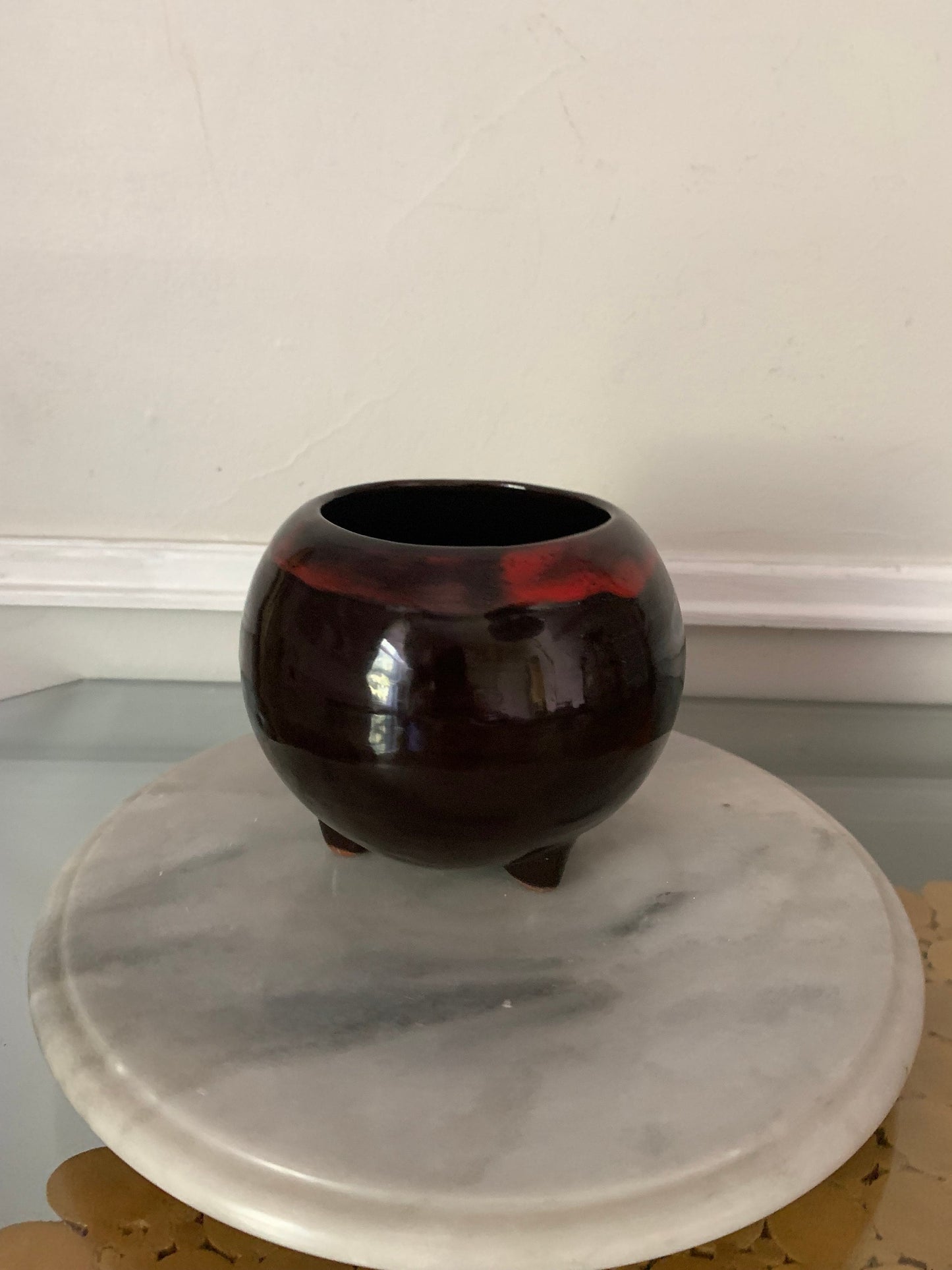 Vintage MCM Round Red Drip Glaze Pottery Planter