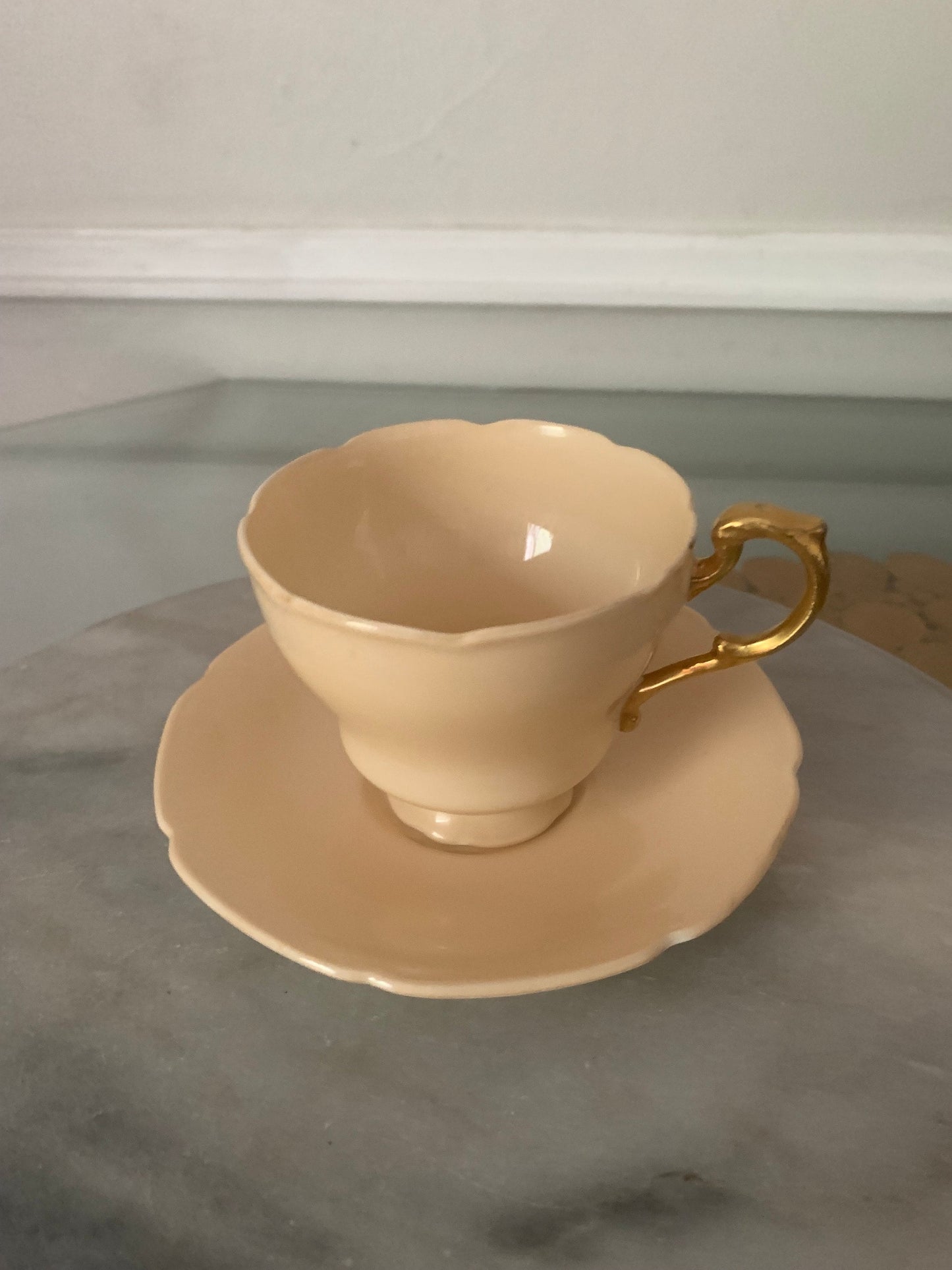 Vintage Solid Soft Cream Double Warrant Paragon Tea Cup & Saucer with Gold Handle