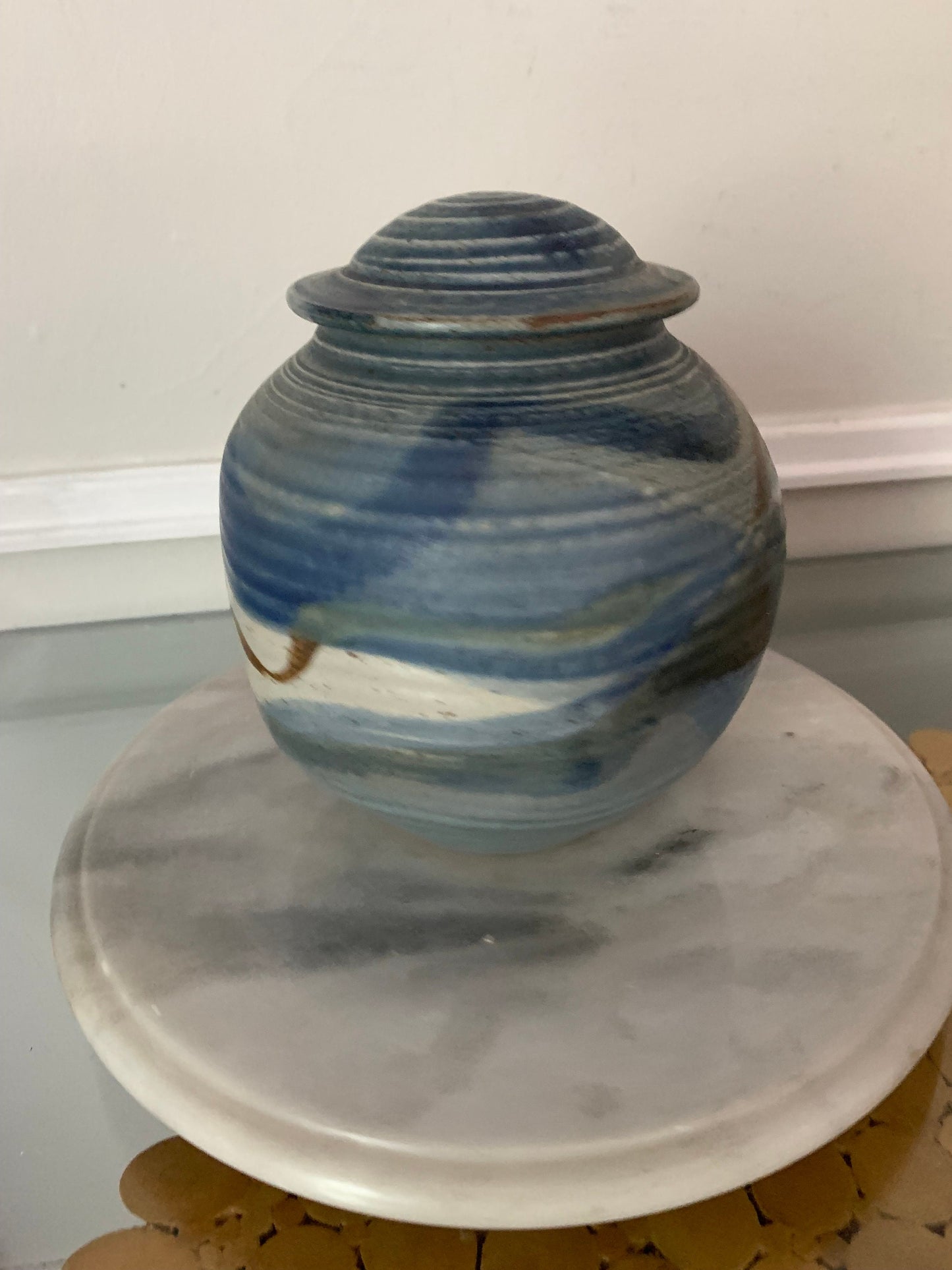 Retro Handmade Blue Pottery Container with Lid