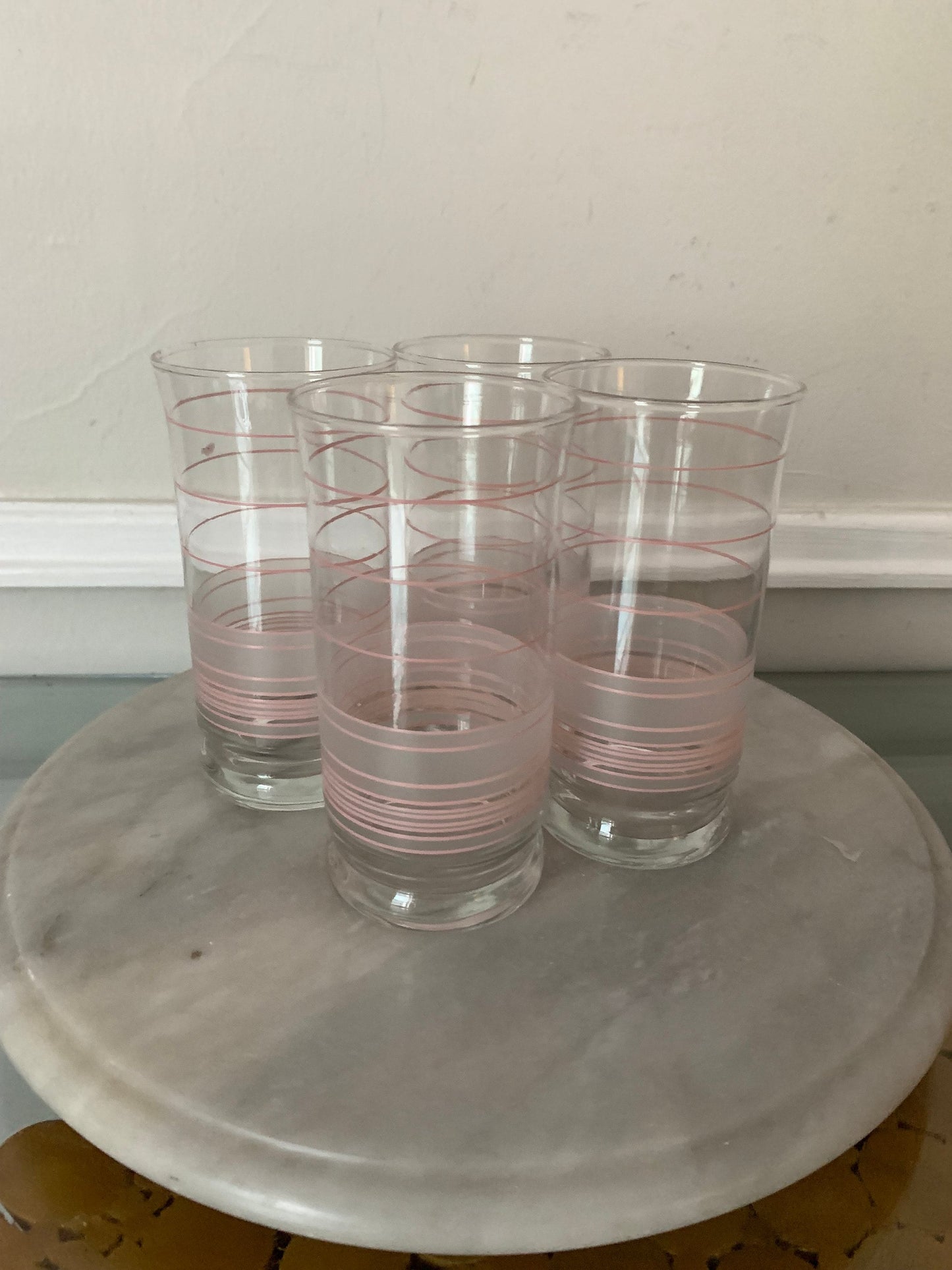 Vintage Set of 4 Medium Pink Stripe and Frosted Tumblers