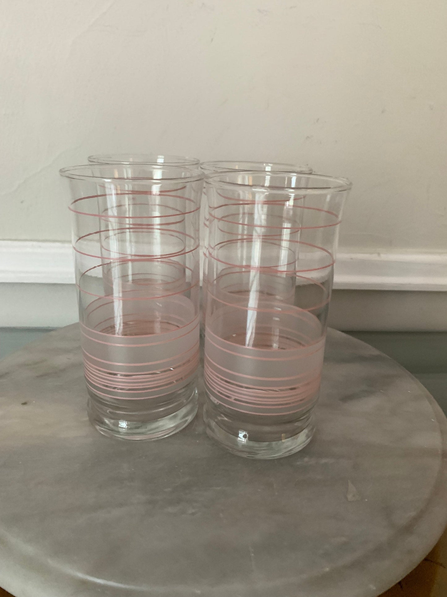 Vintage Set of 4 Medium Pink Stripe and Frosted Tumblers