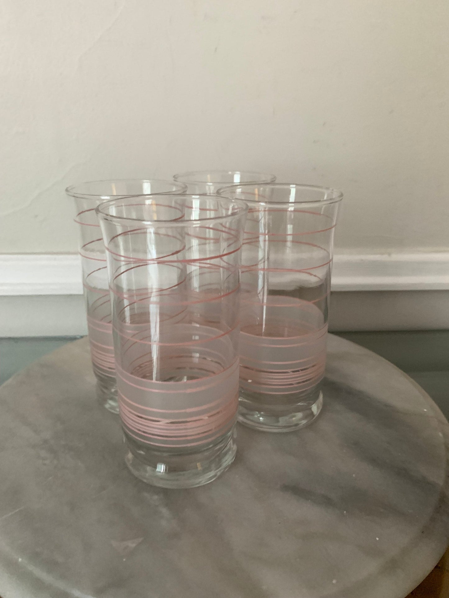 Vintage Set of 4 Medium Pink Stripe and Frosted Tumblers