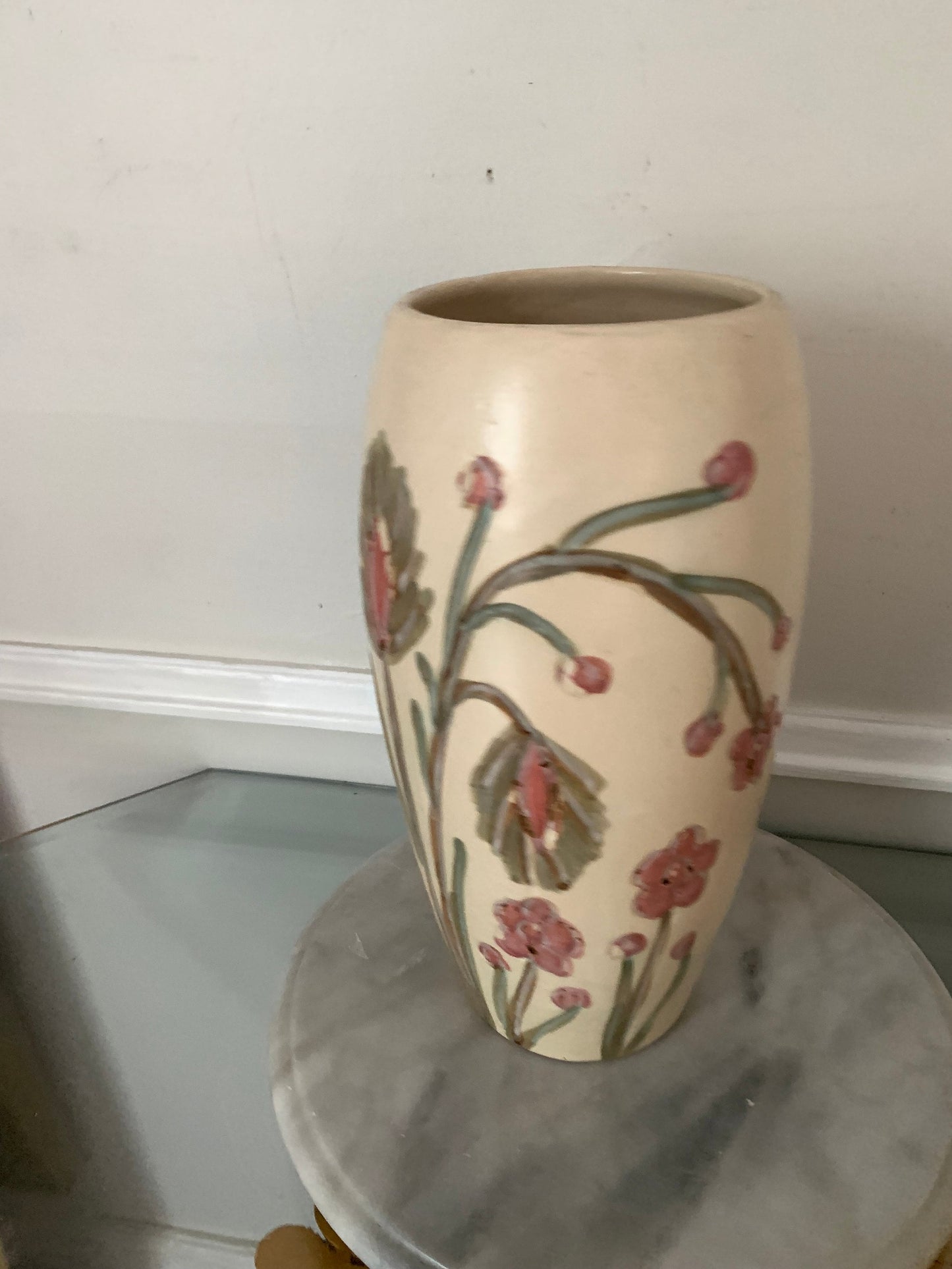 Retro Tall Cream Pottery Vase with Etched Pink Flowers