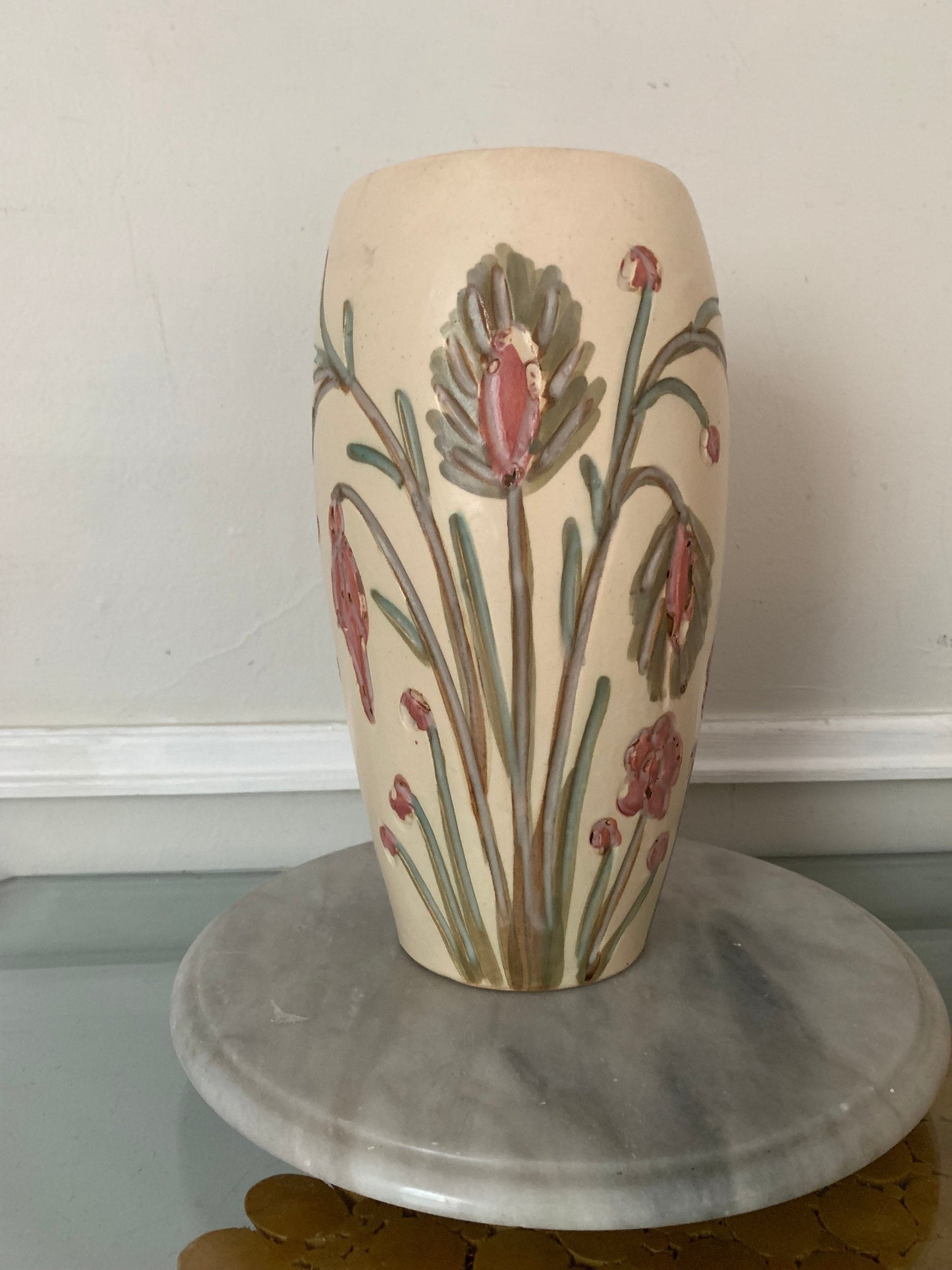 Retro Tall Cream Pottery Vase with Etched Pink Flowers