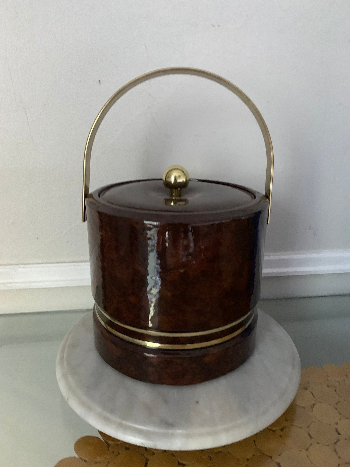 MCM Brown Faux Tortoise Shell  Vinyl Ice Bucket with Tongs