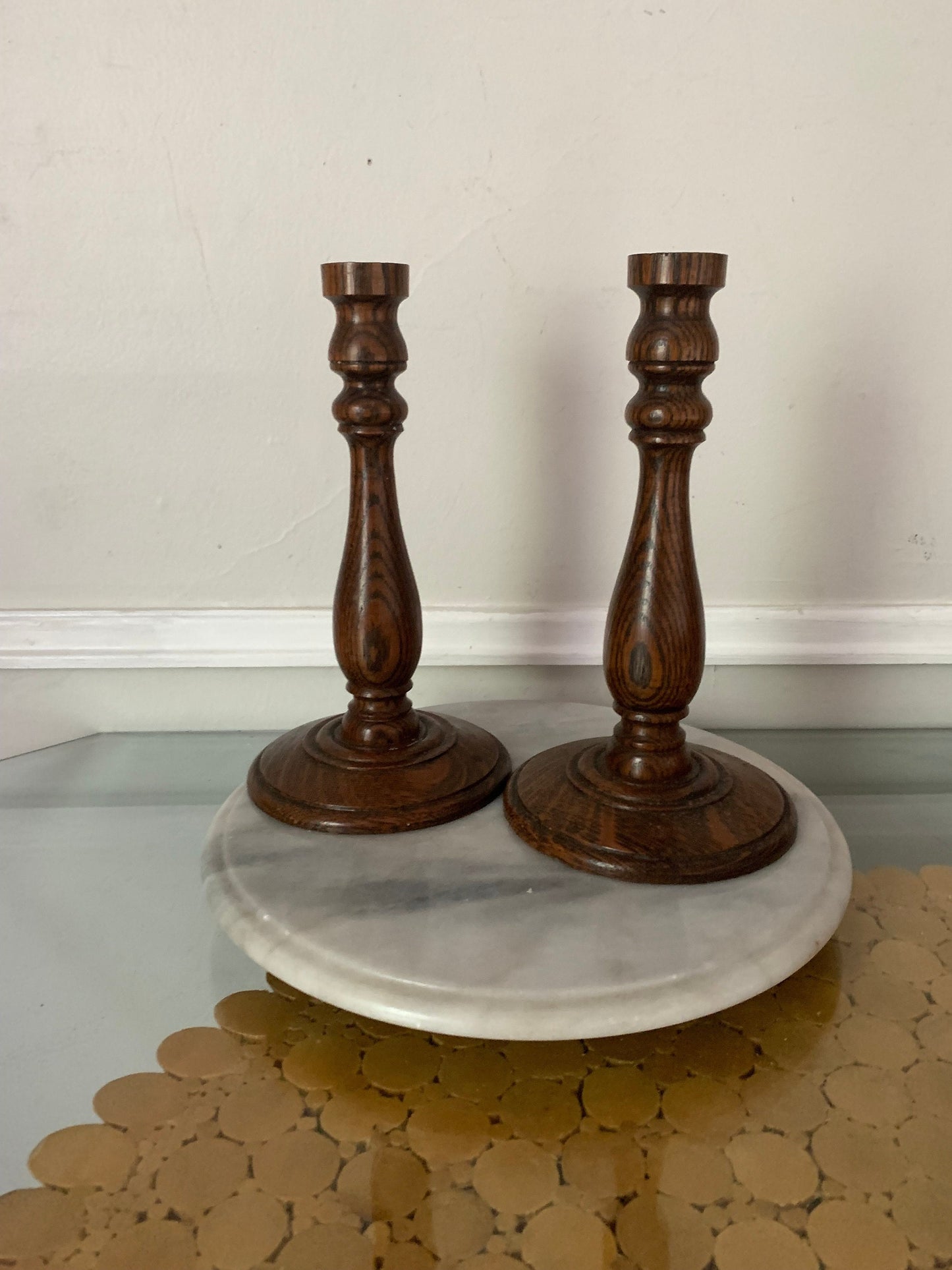 Pair of Tall Antique Solid Oak Hand Made Candlesticks