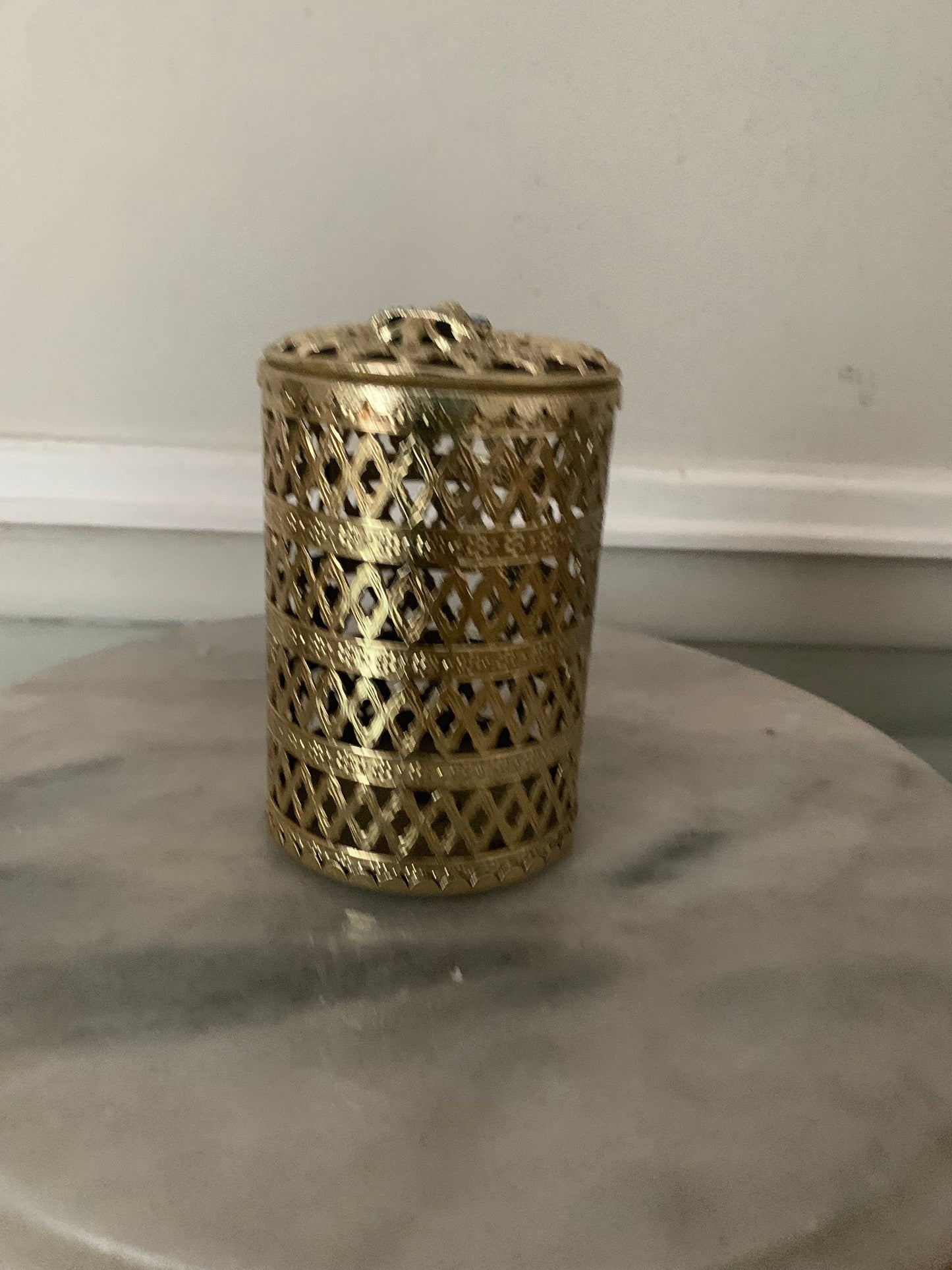 Vintage Hollywood Regency Brass Container with Blue Crown Rhinestone