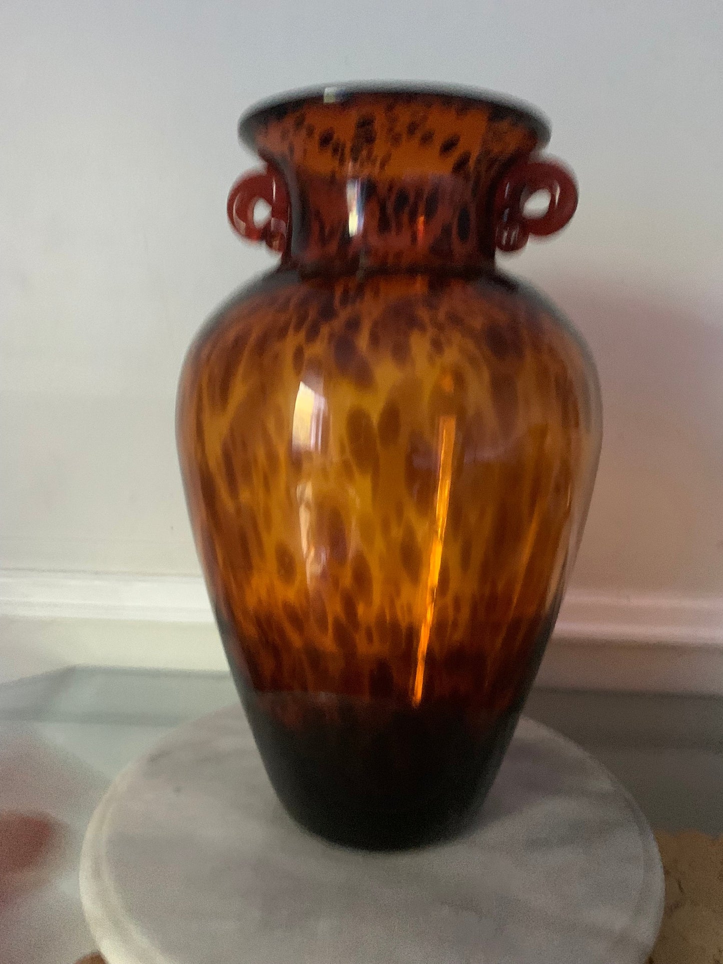 Vintage Tall Double Handle Hand Blown Tortoise Shell Pattern Glass Vase