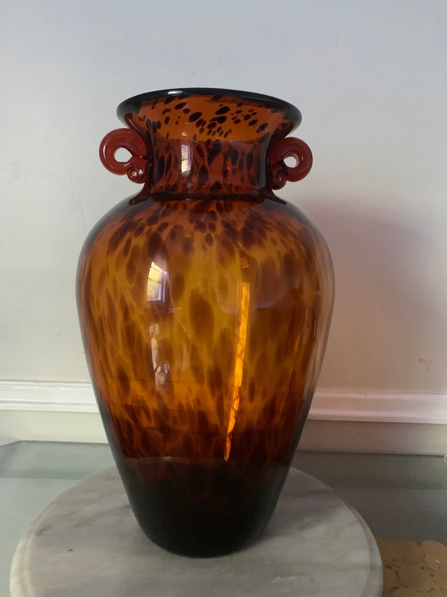 Vintage Tall Double Handle Hand Blown Tortoise Shell Pattern Glass Vase