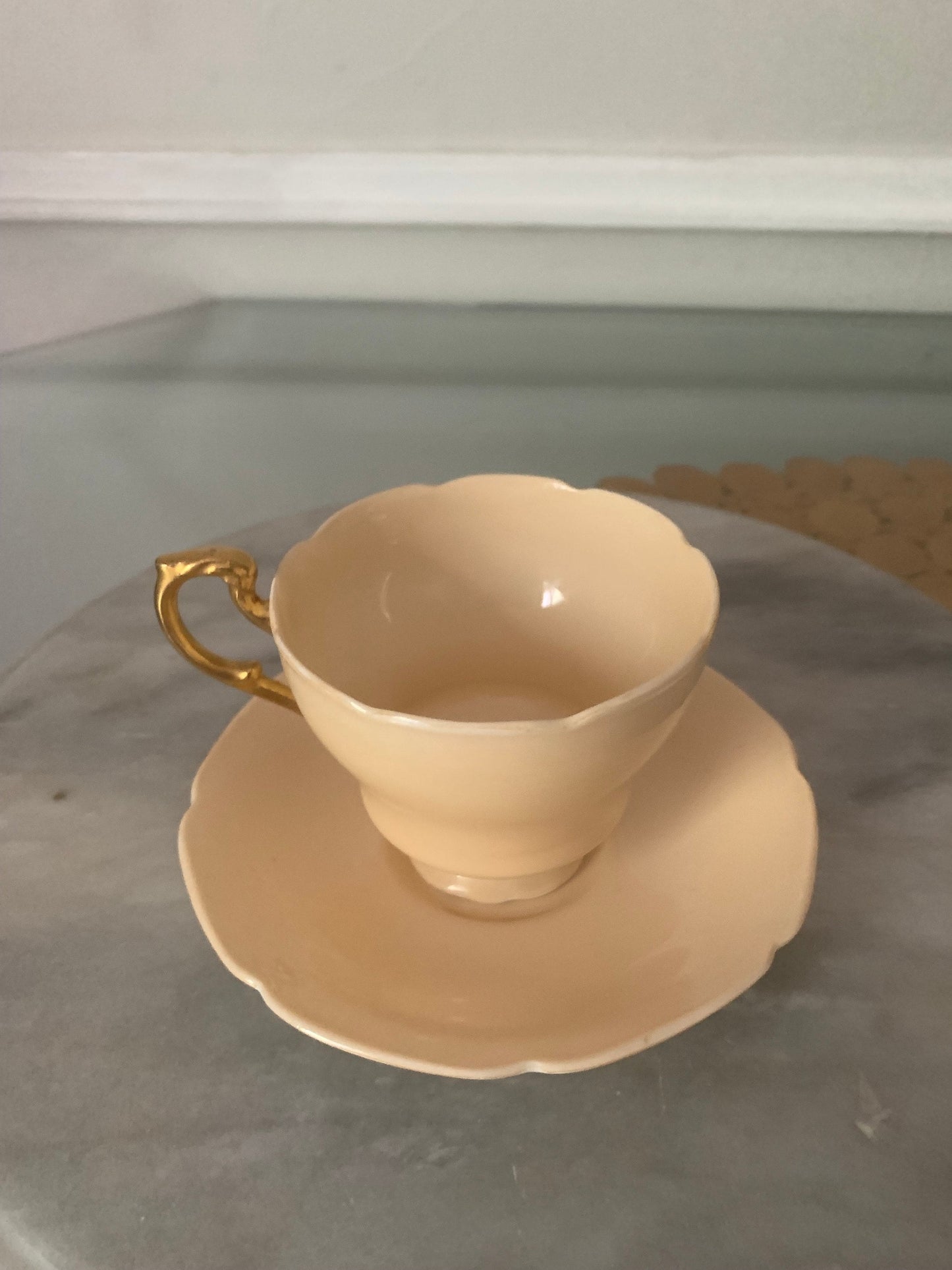 Vintage Solid Soft Cream Double Warrant Paragon Tea Cup & Saucer with Gold Handle