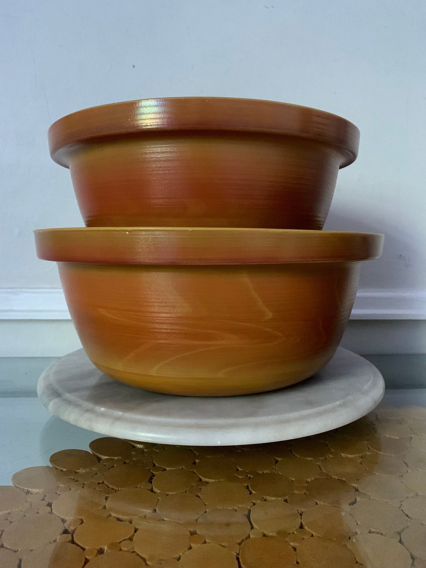 Pair of Vintage Marbled Mustard Glass Mixing Bowls