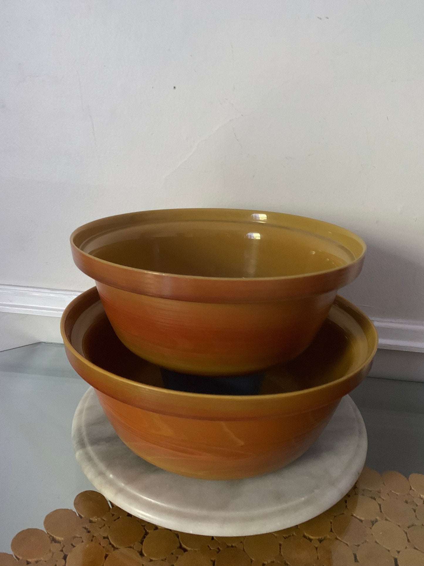 Pair of Vintage Marbled Mustard Glass Mixing Bowls