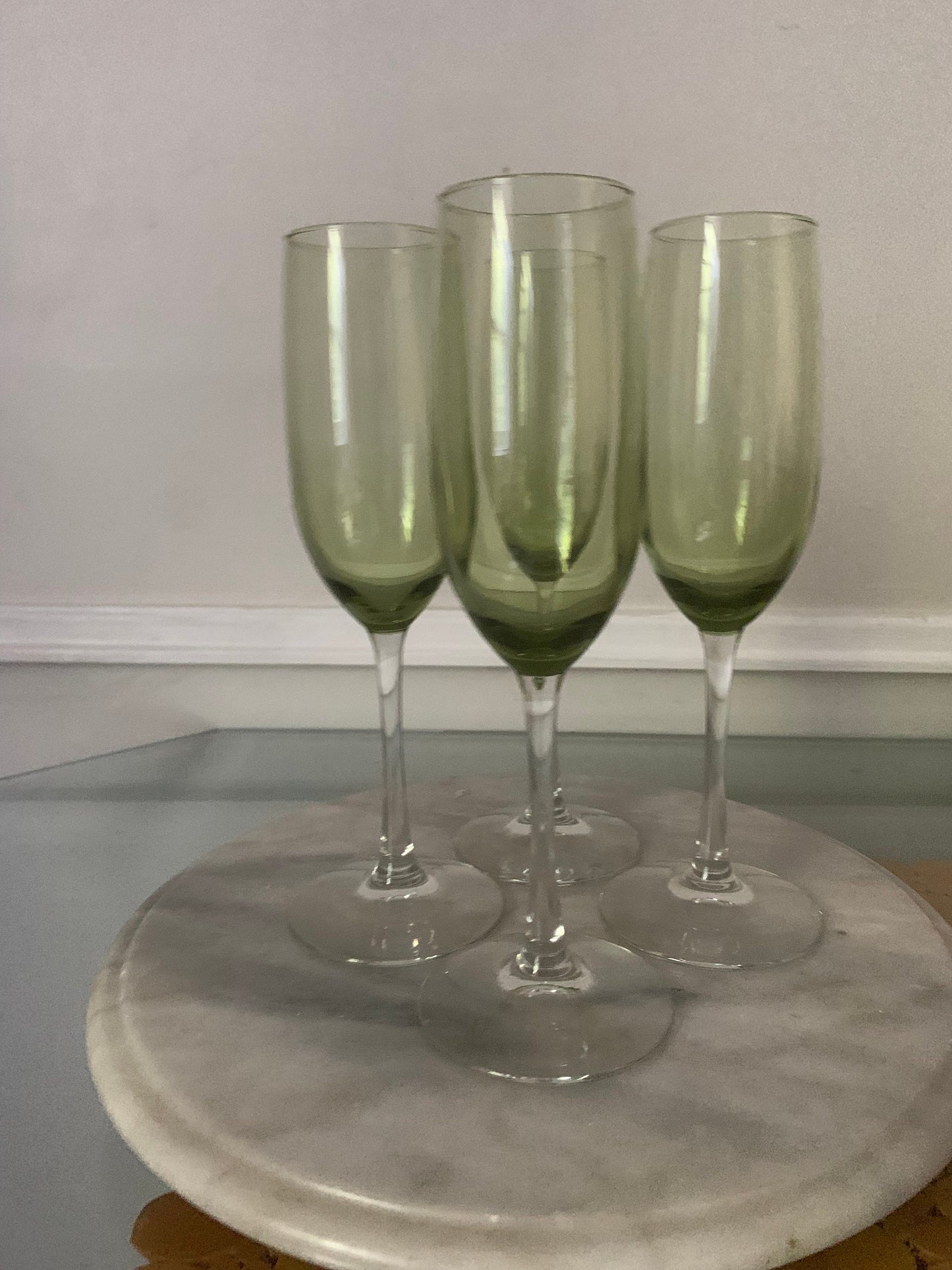 Vintage Set of 4 Olive Green Glass Bowl Champagne Flutes with Clear Stems