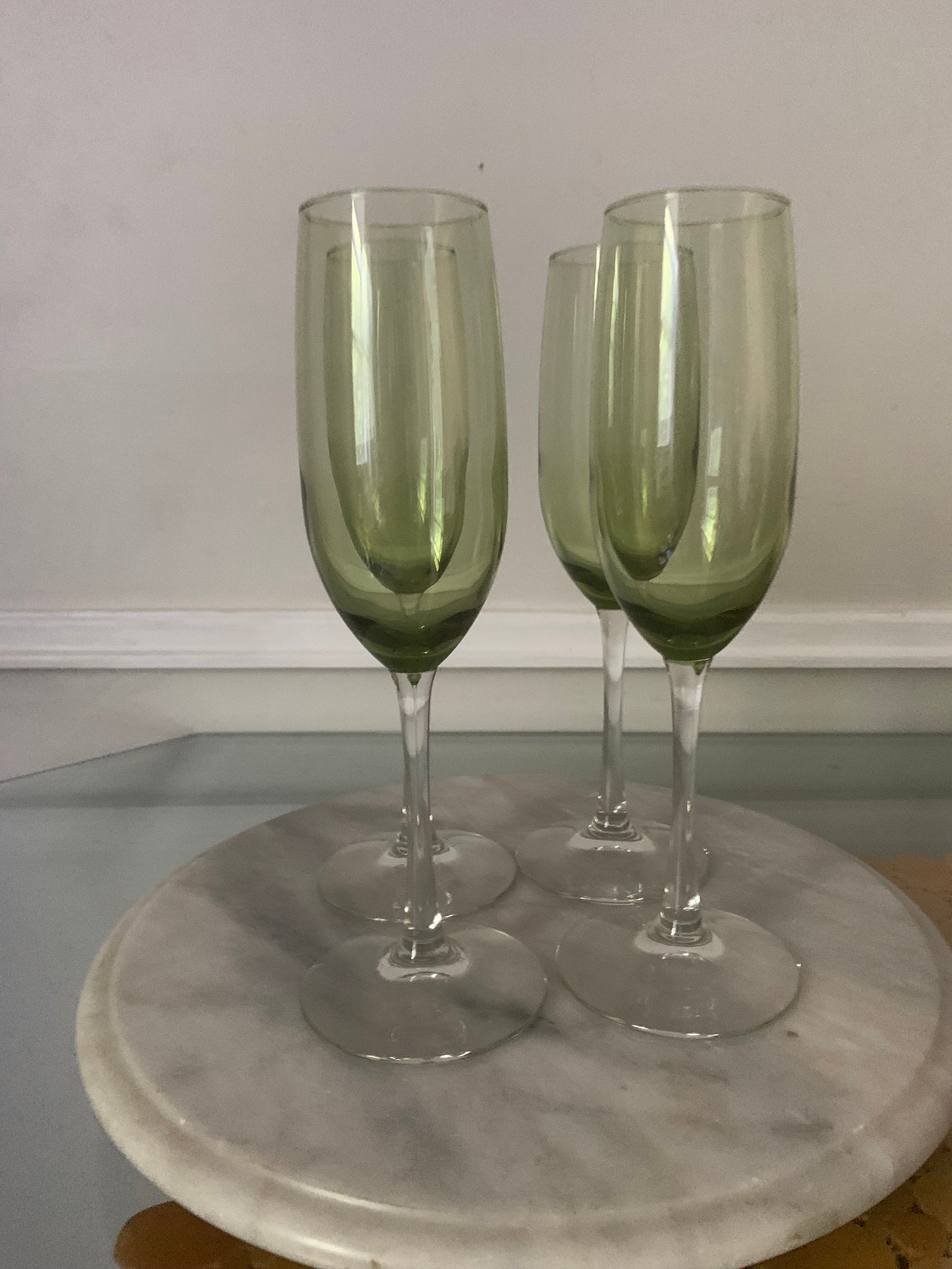 Vintage Set of 4 Olive Green Glass Bowl Champagne Flutes with Clear Stems