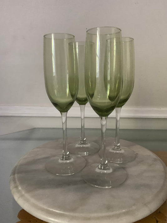 Vintage Set of 4 Olive Green Glass Bowl Champagne Flutes with Clear Stems