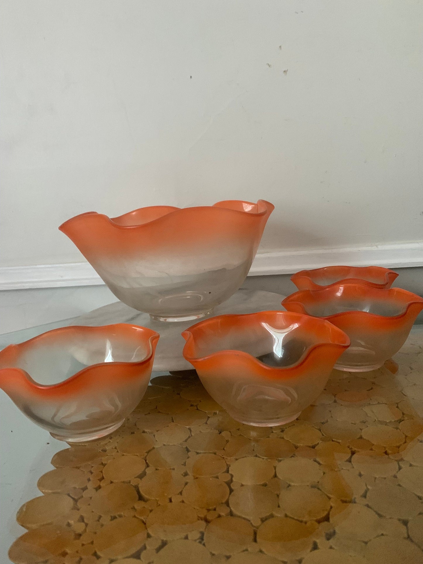 Mid Century Set of 5 Frosted Orange Bowl with Frills and 4 Smaller Bowls