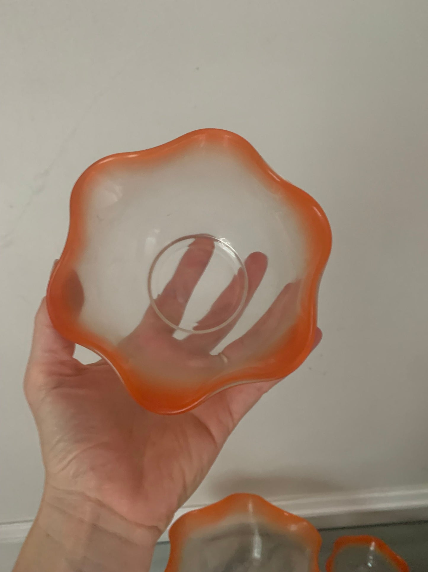 Mid Century Set of 5 Frosted Orange Bowl with Frills and 4 Smaller Bowls