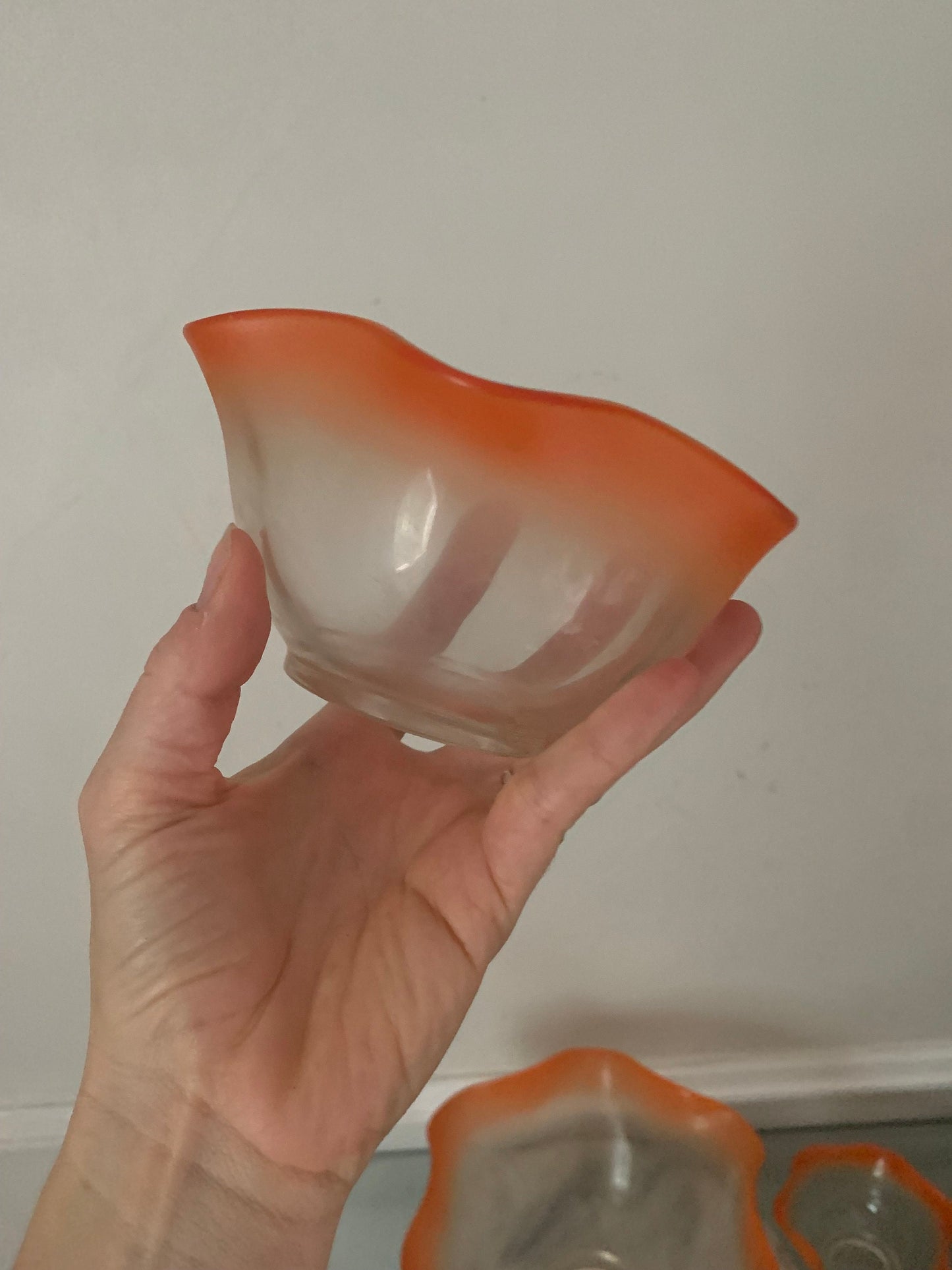 Mid Century Set of 5 Frosted Orange Bowl with Frills and 4 Smaller Bowls