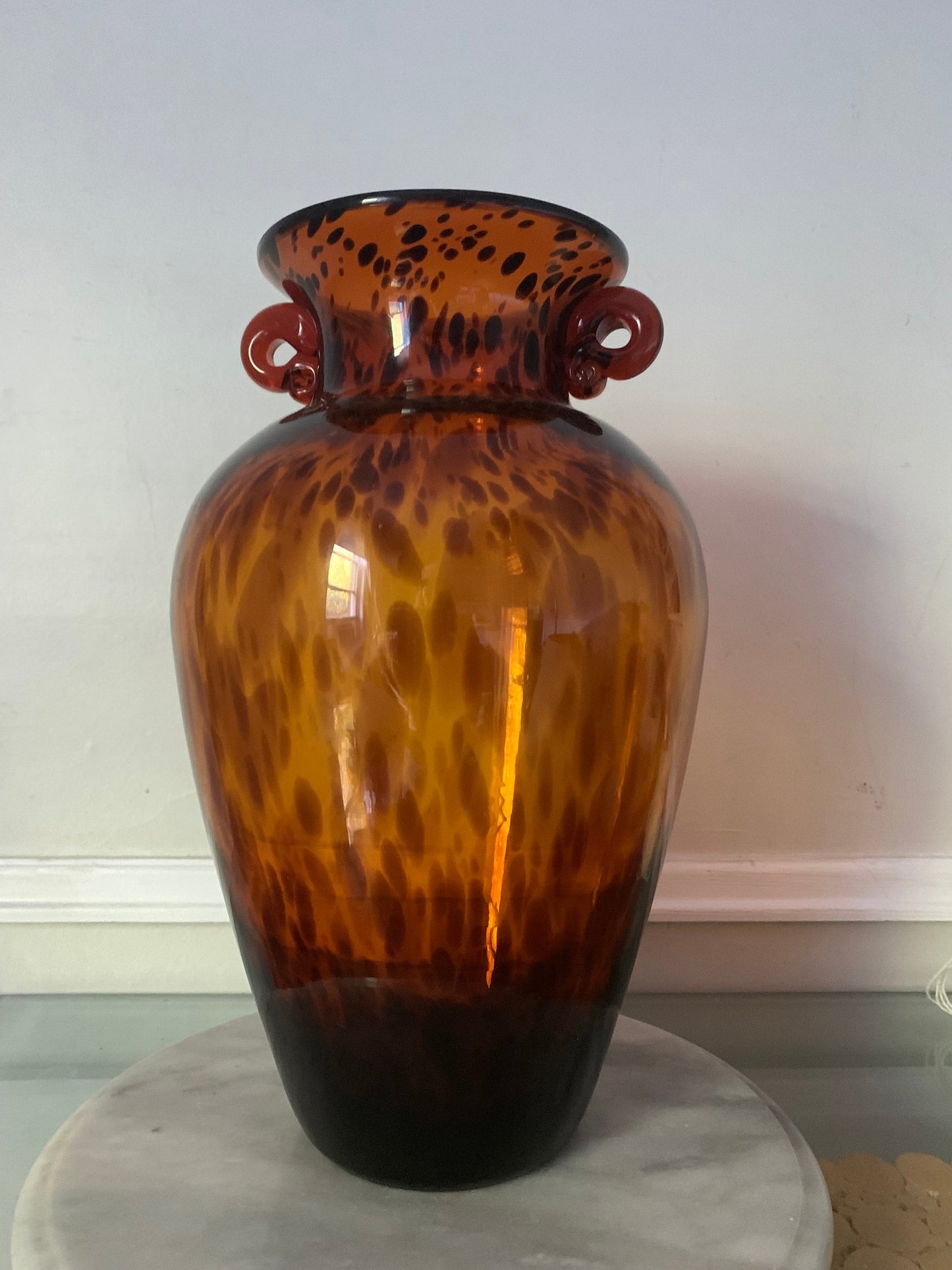 Vintage Tall Double Handle Hand Blown Tortoise Shell Pattern Glass Vase