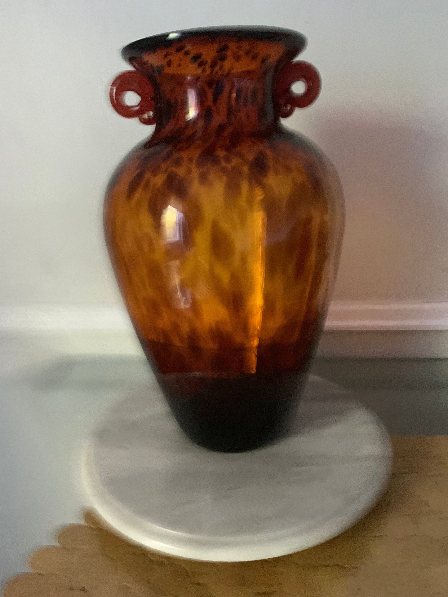 Vintage Tall Double Handle Hand Blown Tortoise Shell Pattern Glass Vase