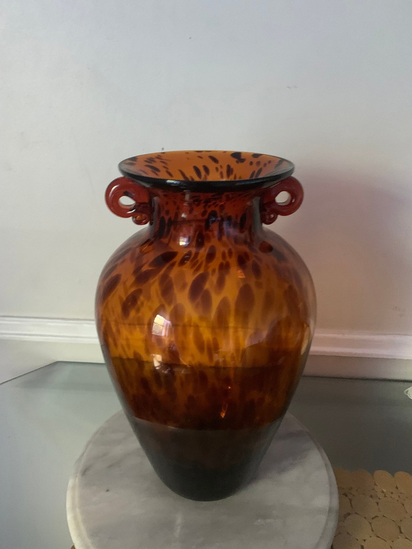 Vintage Tall Double Handle Hand Blown Tortoise Shell Pattern Glass Vase