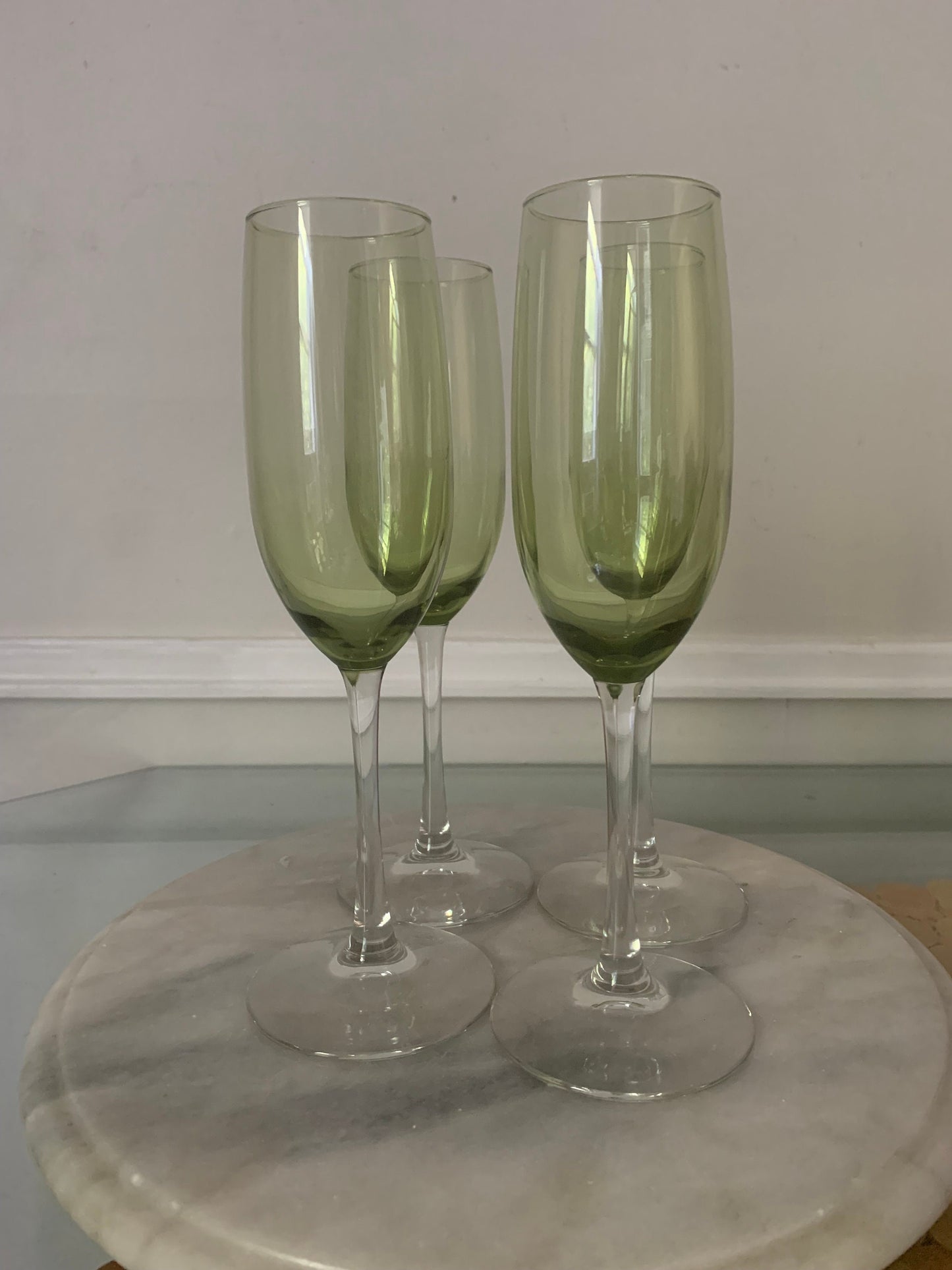 Vintage Set of 4 Olive Green Glass Bowl Champagne Flutes with Clear Stems