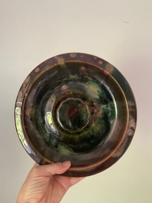 Medium Brown Pottery Plate with Green Highlights