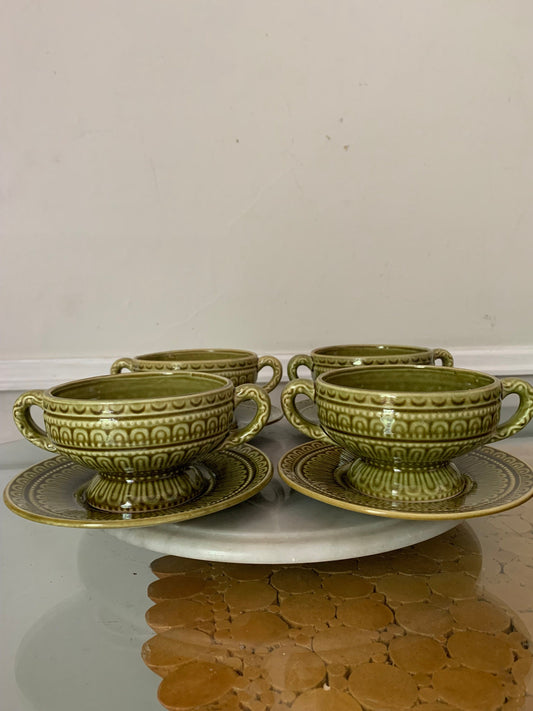 Set of 4 MCM Avocado Green Ceramic Double Handle Cups and Saucers