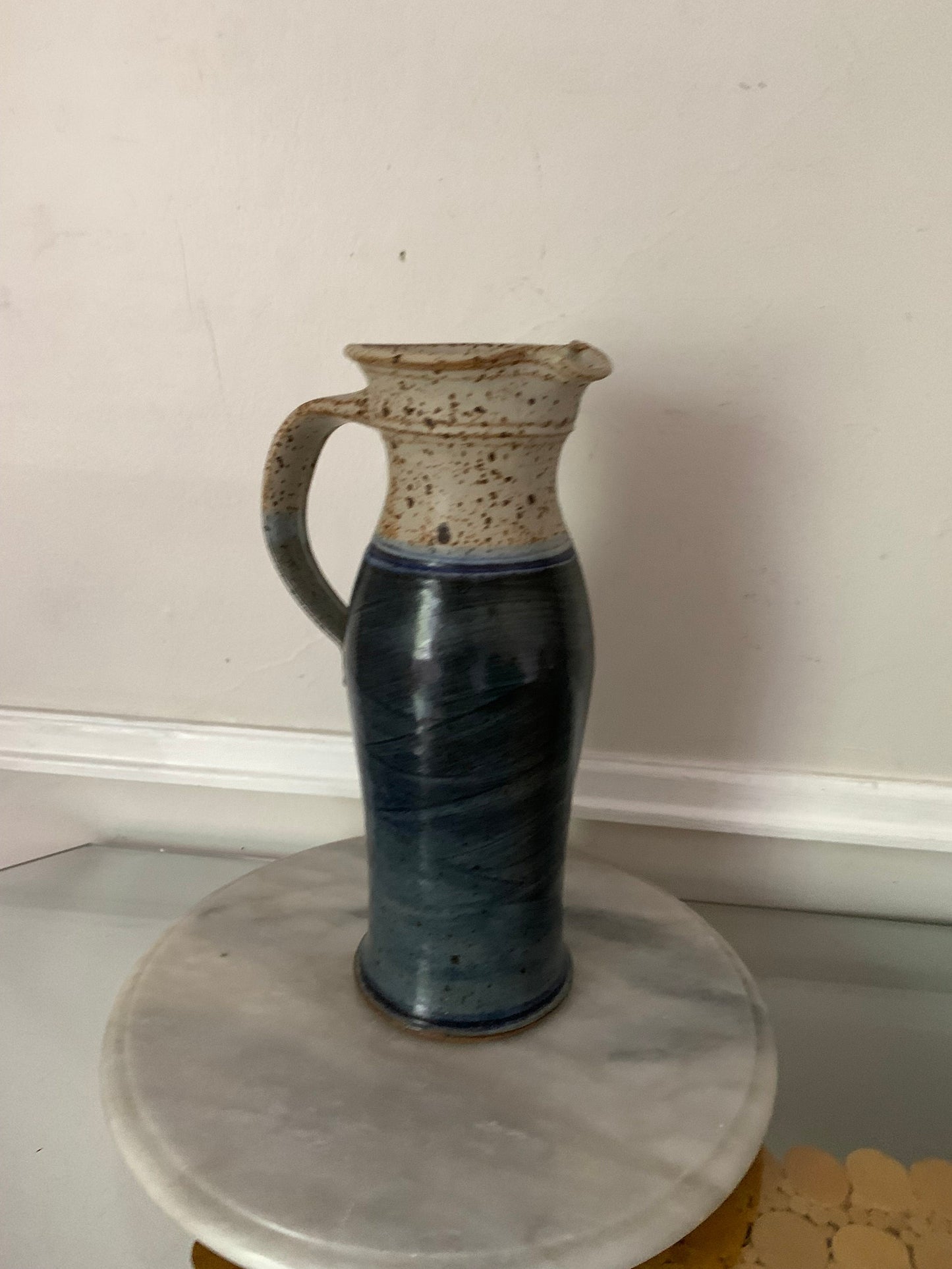 Tall Handmade Deep Blue and Gray Pottery Pitcher