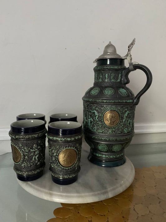 Vintage Tall Black and Green Original King Stein Decanter with 4 Matching Cups