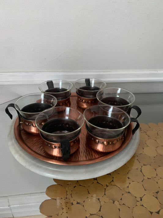 MCM Set of 7 Copper Caddy and Glass Mugs on Copper Tray