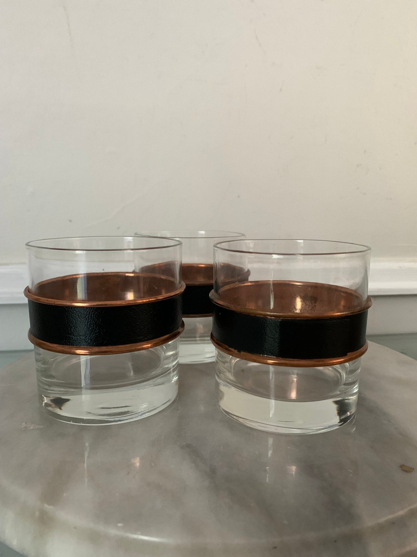 Set of 3 MCM Low Ball Glasses with Faux Black Leather and Copper Ring