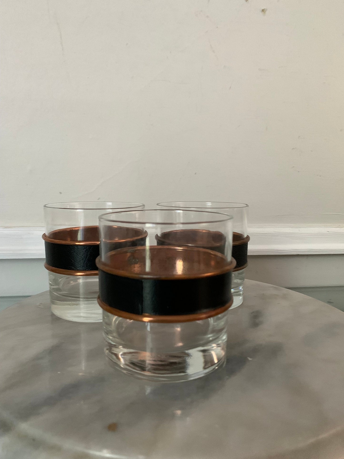 Set of 3 MCM Low Ball Glasses with Faux Black Leather and Copper Ring