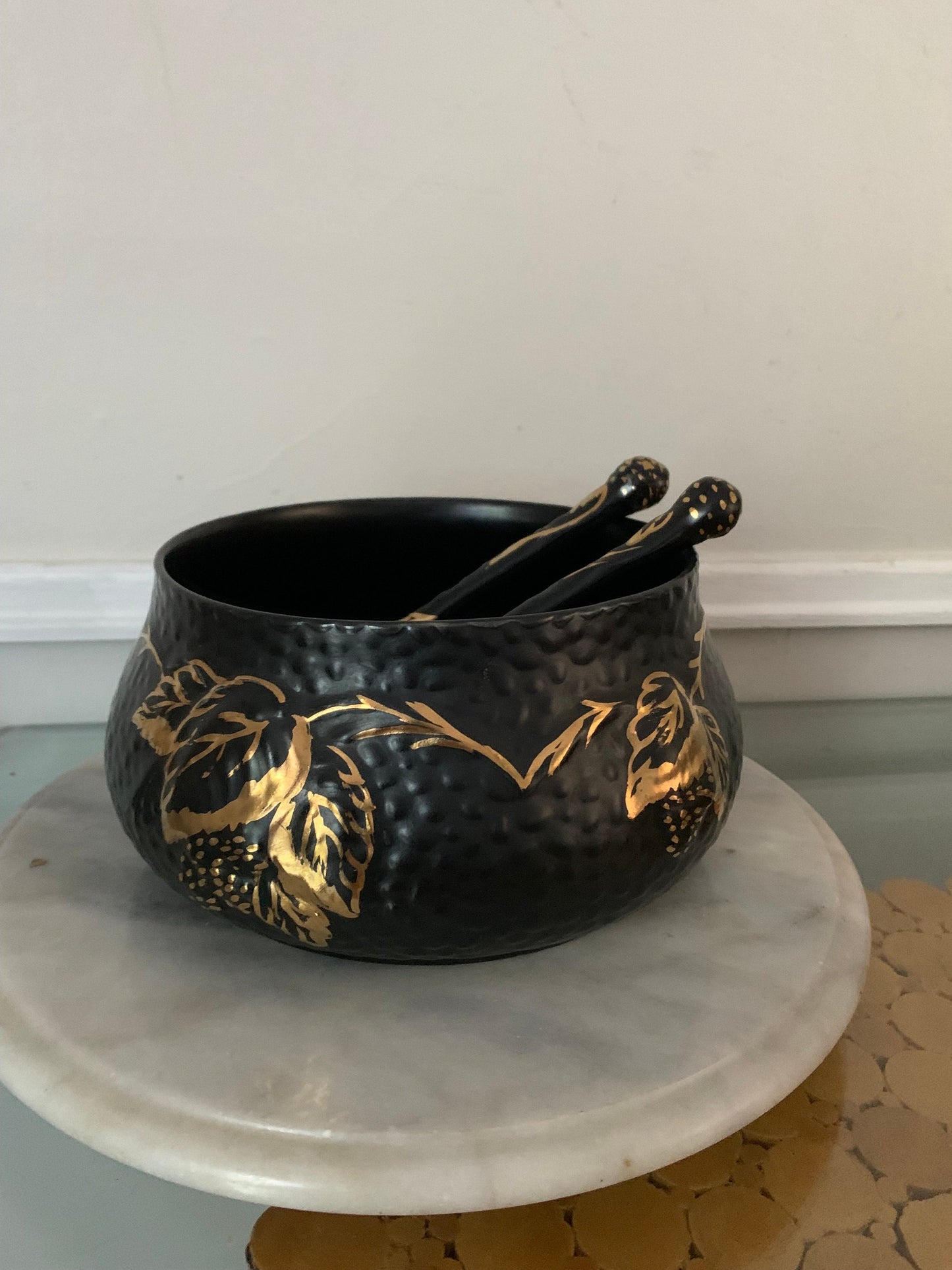 Antique Black Velvet Hand Painted Black & Gold Wade Ceramic Bowl with Matching Tongs Made in England