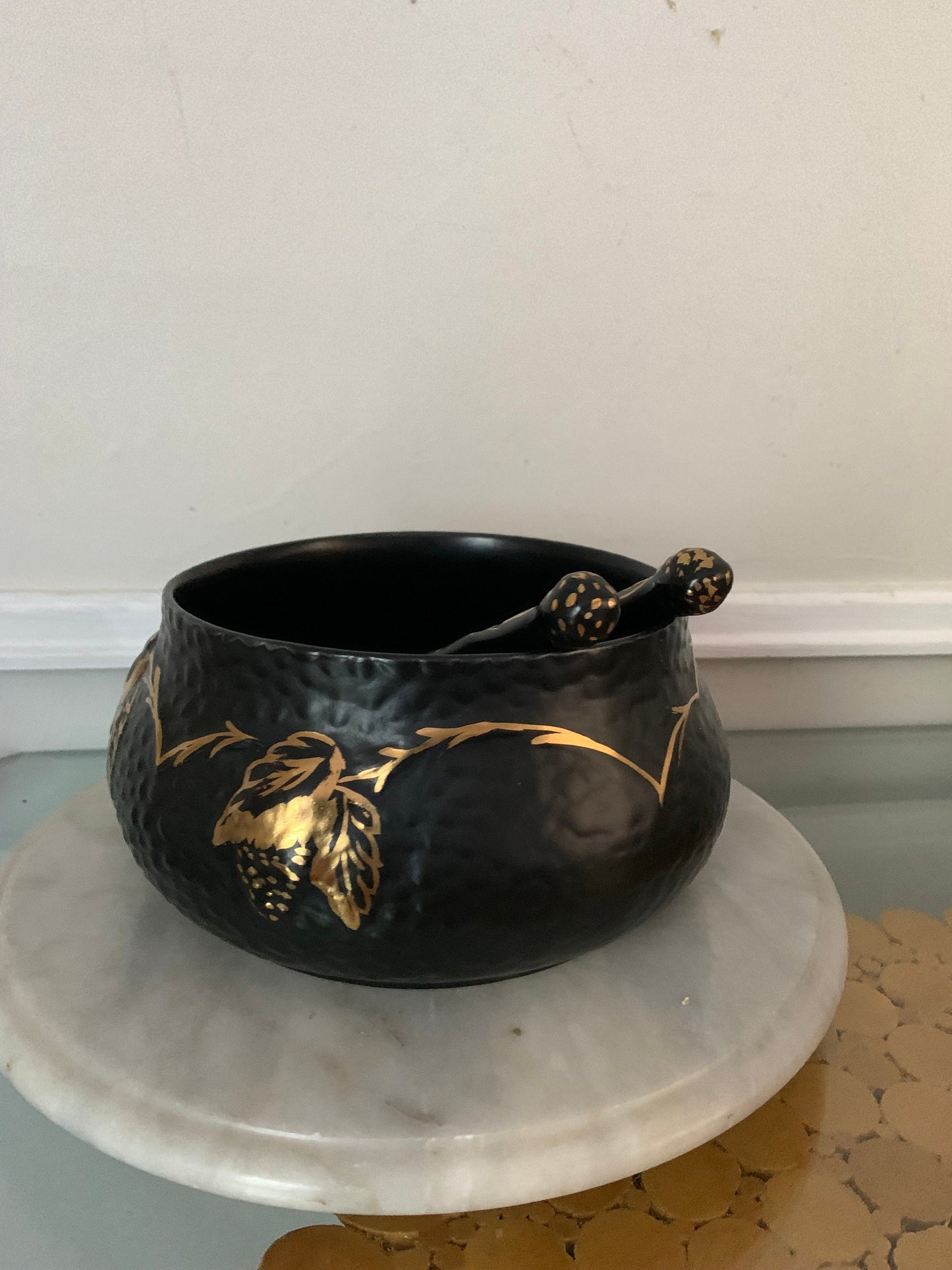 Antique Black Velvet Hand Painted Black & Gold Wade Ceramic Bowl with Matching Tongs Made in England