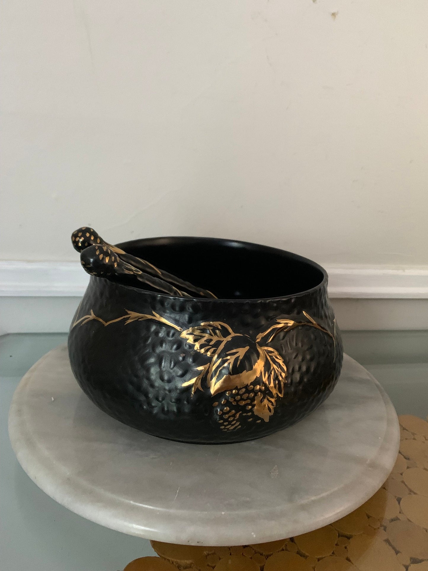 Antique Black Velvet Hand Painted Black & Gold Wade Ceramic Bowl with Matching Tongs Made in England