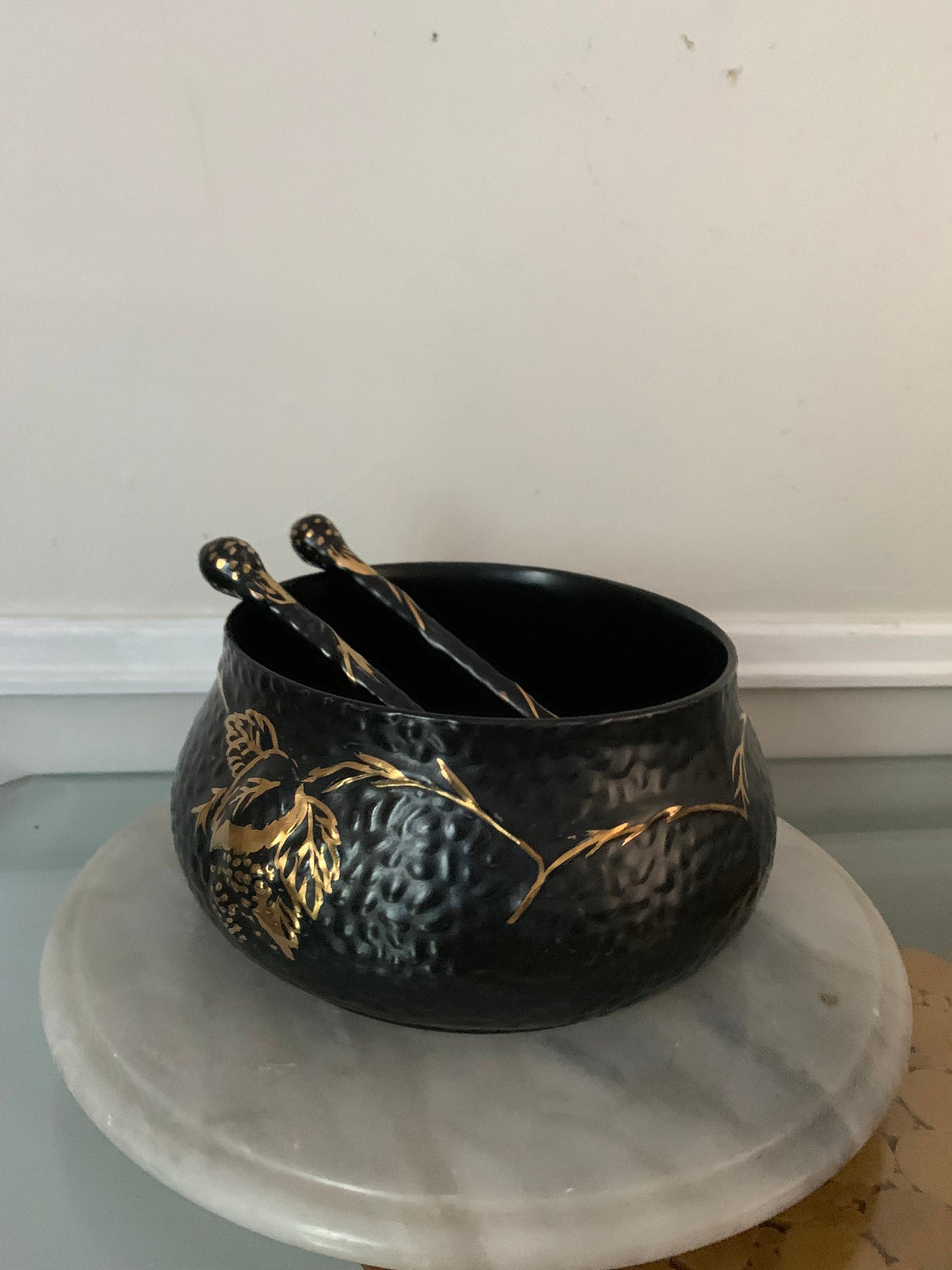 Antique Black Velvet Hand Painted Black & Gold Wade Ceramic Bowl with Matching Tongs Made in England