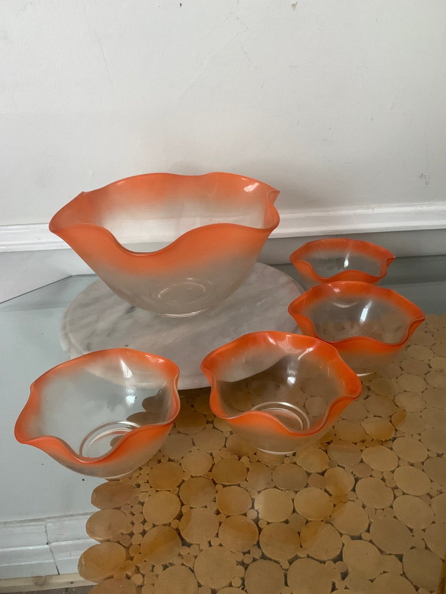 Mid Century Set of 5 Frosted Orange Bowl with Frills and 4 Smaller Bowls